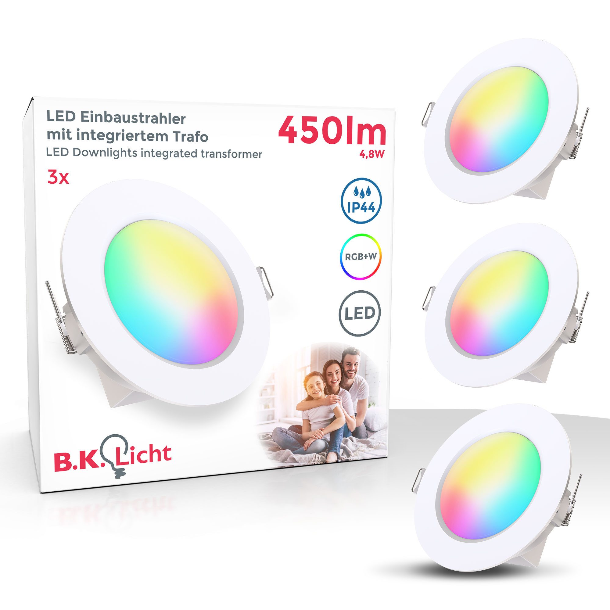 B.K.Licht LED Einbaustrahler IP44 5er-Set Bad-Einbauleuchten Decke dimmbar RGBW 4,8W weiß - BKL1543, Dimmfunktion, LED fest integriert, 3000K - Warmweiß, Einbauspots 92x45mm flach weiß mit Fernbedienung Timer Nachtlicht 230V