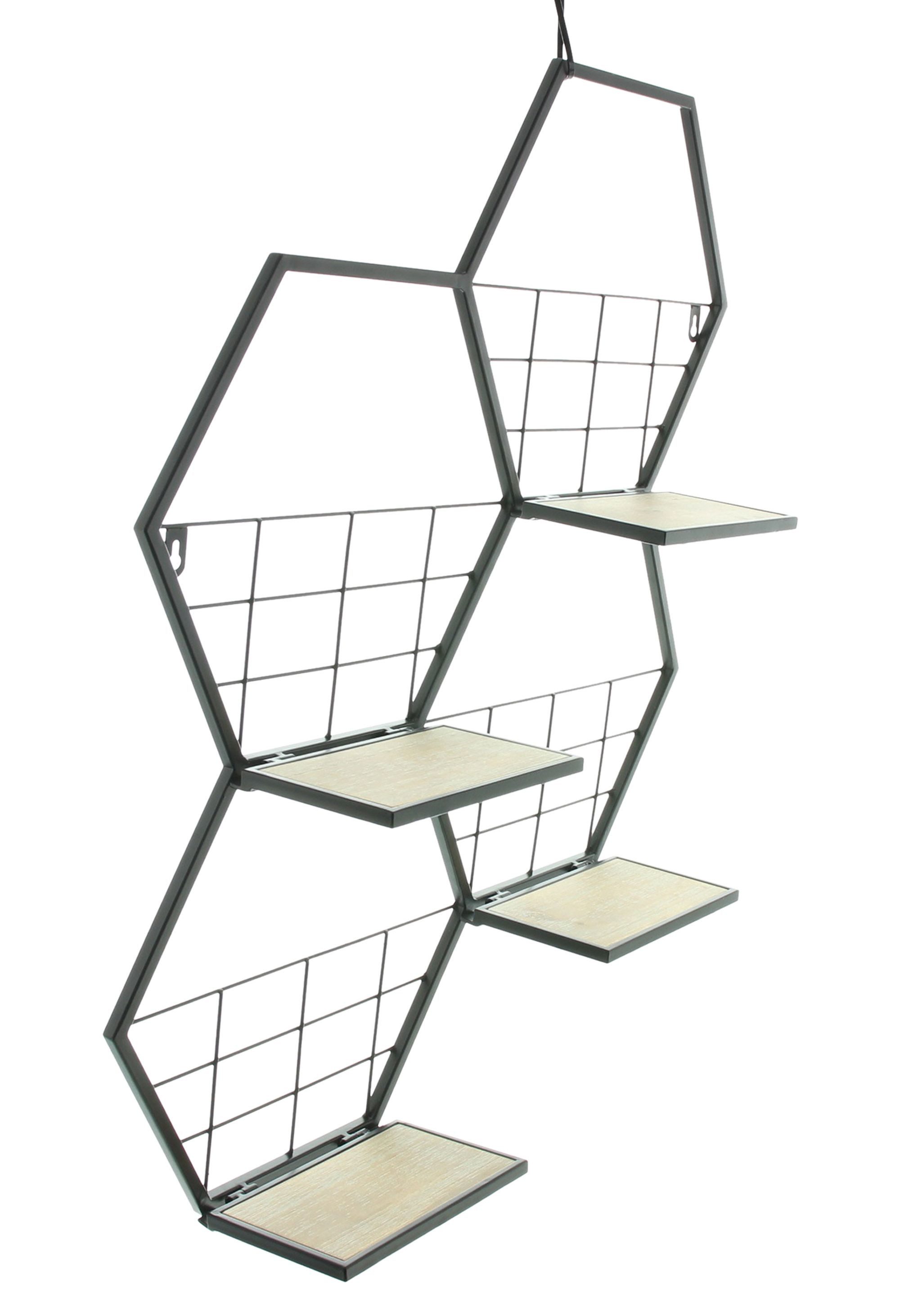 Dekoleidenschaft Deko-Wandregal "Hexagon" aus Metall, schwarz, 4 klappbare Böden aus MDF, furniert, Wanddeko, Wandregal, Wandschmuck, Hängeregal, Metallregal, Metalldeko