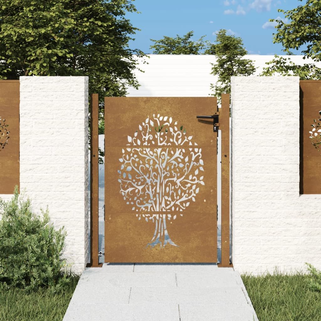 vidaXL Gartentor Gartentor 105x130 cm Cortenstahl Baum-Design Abschließbar Zauntor