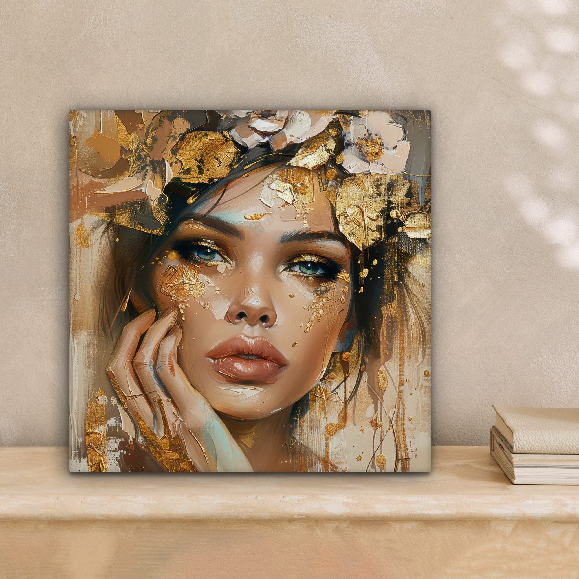 OneMillionCanvasses® Leinwandbild Frau - Blumen - Gold - Porträt, Fotodruck günstig online kaufen