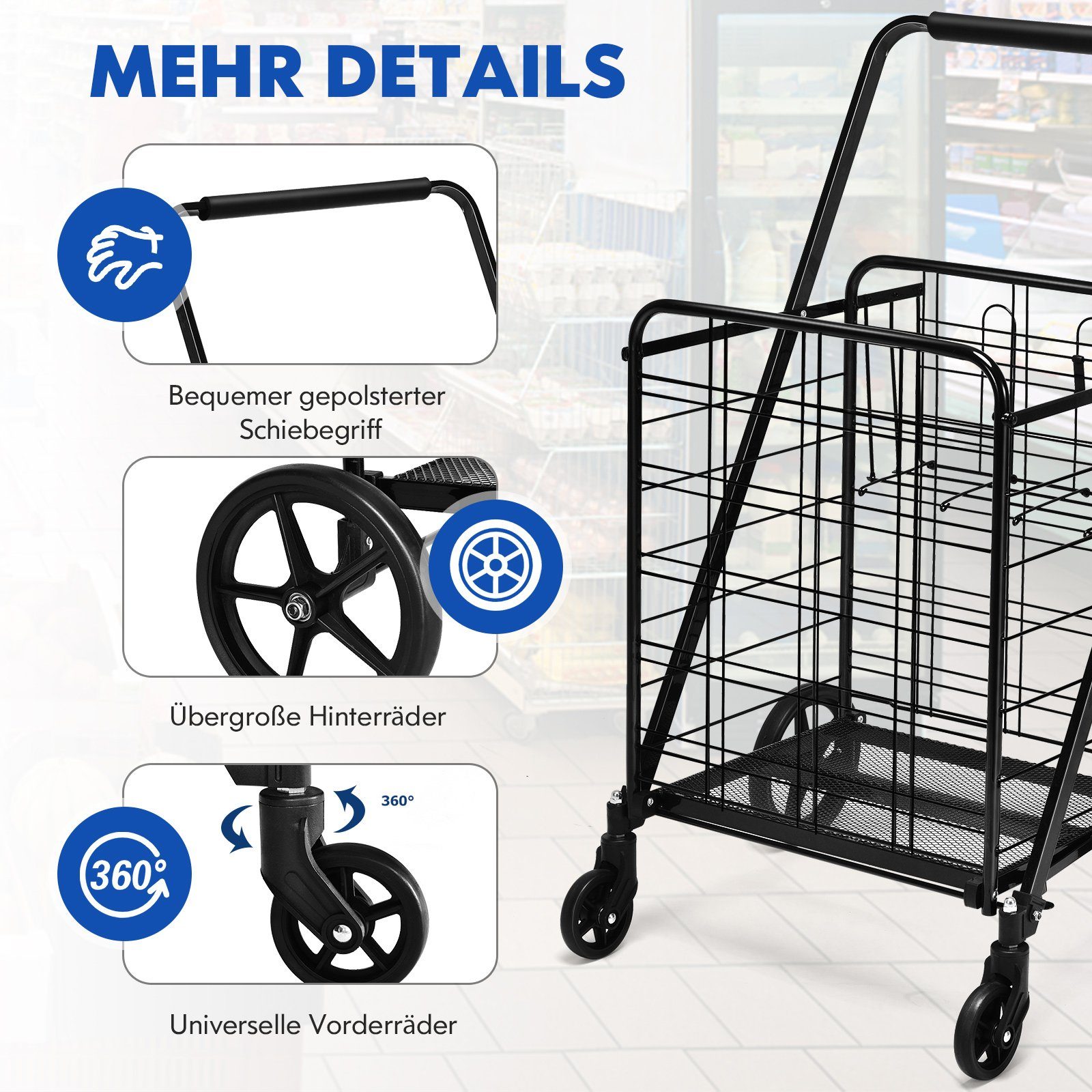 Schwarz Einkaufstrolley, Doppelkorb Rädern, drehbaren 150kg COSTWAY mit bis & 360°