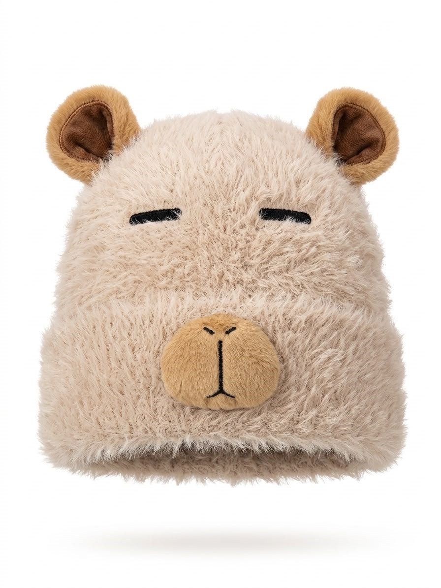 GOLDIA GMBH Plüschmütze Capybara Mütze Braun – flauschige Wintermütze mit Ohren, One Size (Spar-Set, 1-St., 1 x Soma Capy Mütze) Weiche Wintermütze mit Capybaraohren und aufgenähtem Gesicht