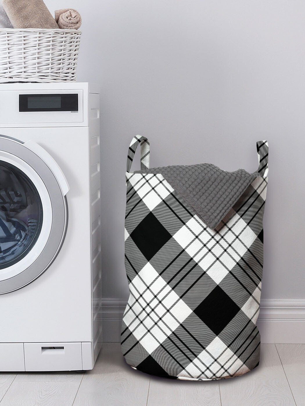 Abakuhaus Wäschesäckchen Wäschekorb mit Polygonen Streifen Diagonal Waschsalons, Griffen Hatched Kordelzugverschluss für