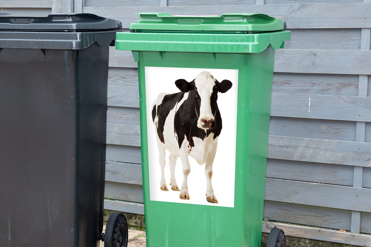 Tiere Sticker, Wandsticker - St), Mülleimer-aufkleber, - (1 Abfalbehälter - Weiß MuchoWow Kuh Schwarz Container, Mülltonne,
