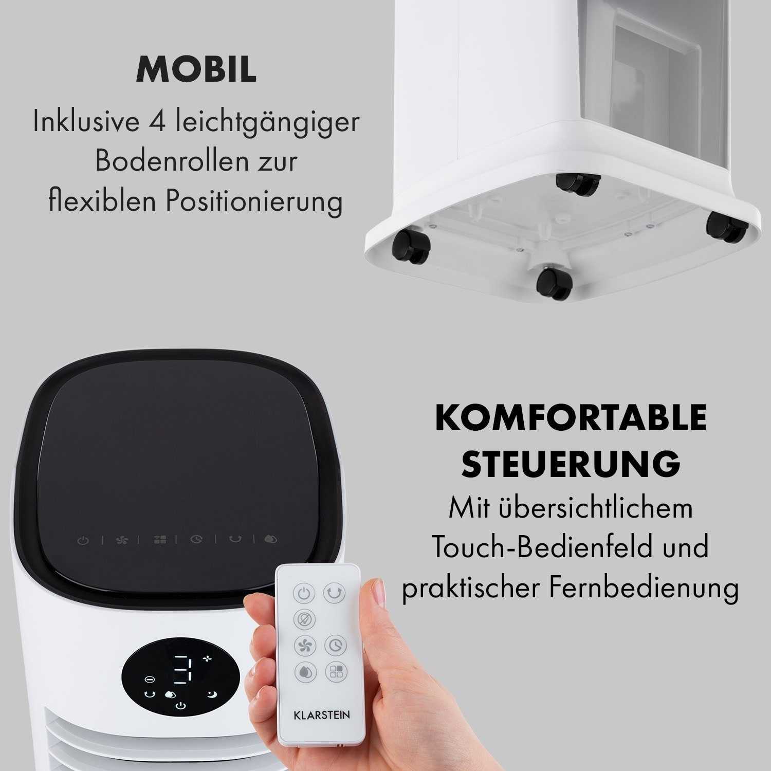 mobil mit Klarstein Skytower Grand Smart Klimagerät Ventilatorkombigerät ohne Wasserkühlung Luftkühler, Eis Abluftschlauch &