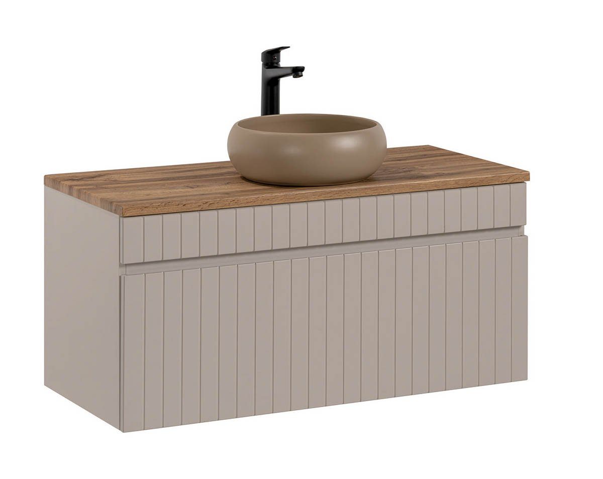 einfachgutemoebel Waschtisch-Set Badezimmer Waschplatz KARATA 100cm, Aufsatzbecken, kaschmir grey, (Badmöbel Set, 1-St., Waschtisch Unterschrank)