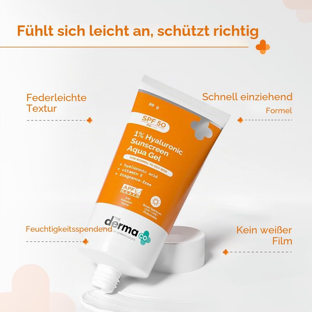 The Derma Co Sonnenschutzcreme 1% Hyaluronic Sunscreen SPF 50 PA++++ – 80 g, Aqua Ultra Light Gel, Schnell Einziehender UV-Schutz für Empfindliche Haut, Ohne weißen Film, leicht mattierend