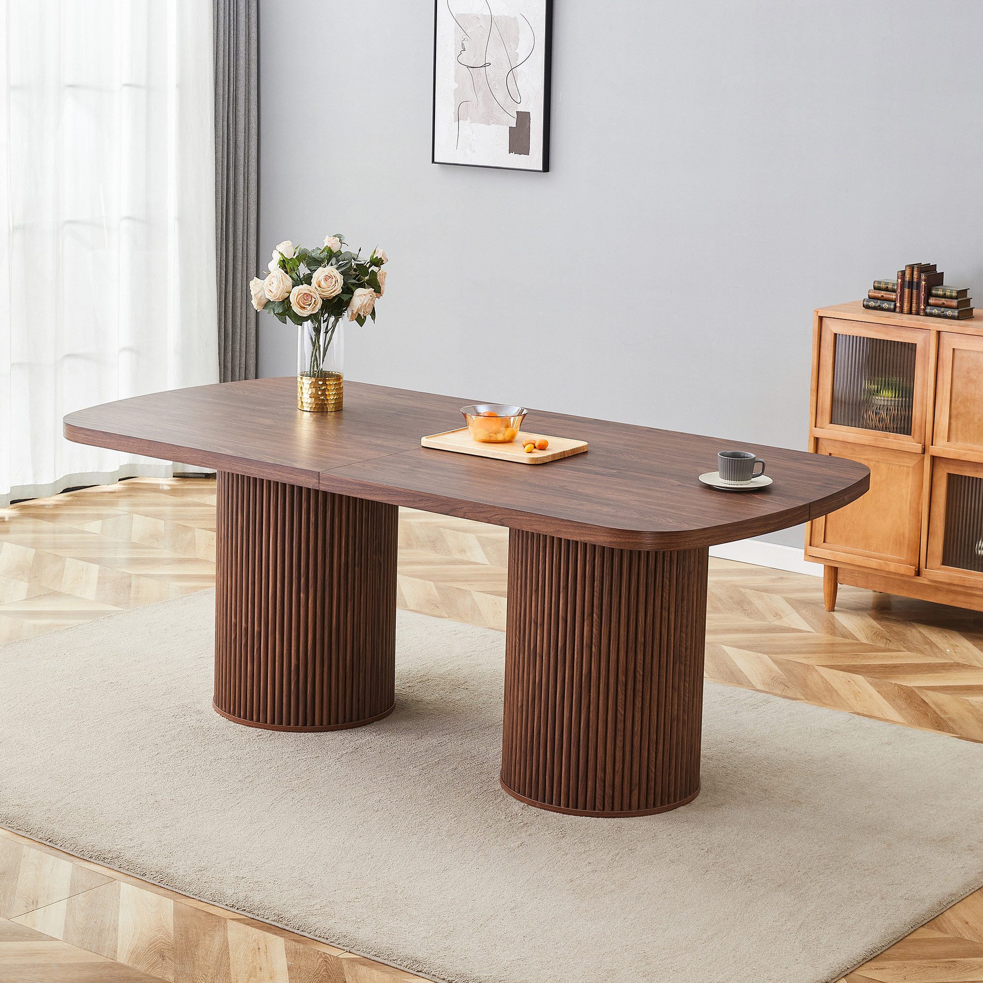 JUFU Esstisch oval, Holzoptik, geriffelte Säulen, ca.180x90cm (1-St)