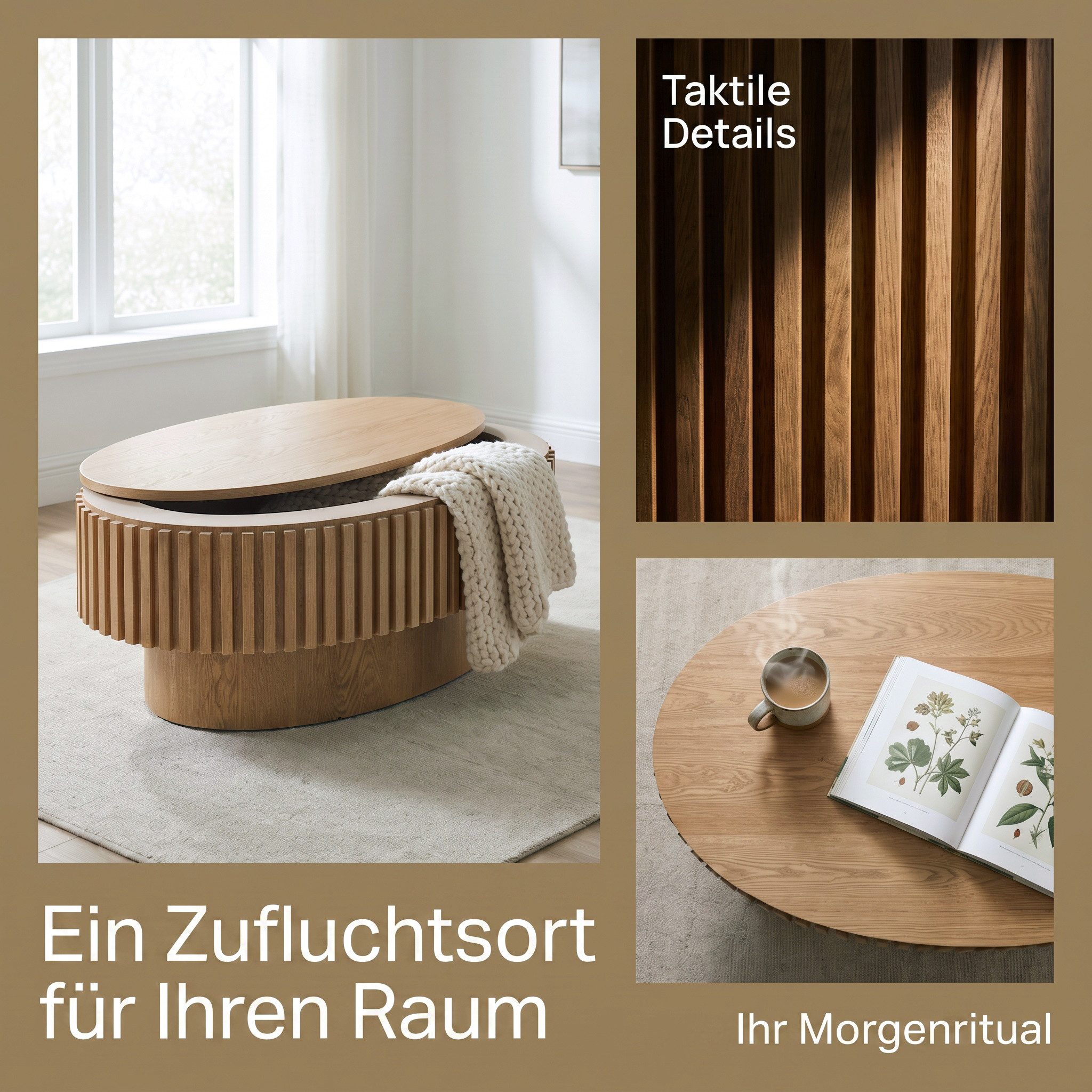 Celya Couchtisch 98 cm Ovaler Cocktailtisch mit verstecktem Stauraum (aus Massivholzfurnier, einfache Montage in 5 Minuten) – Bild 4 von 5