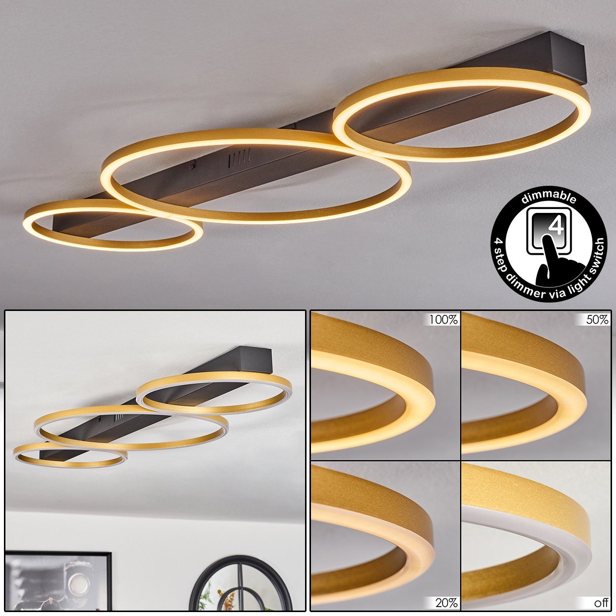 hofstein Deckenleuchte Deckenlampe aus Metall/Kunststoff in Schwarz/Goldfarben/Weiß, LED fest integriert, 3000 Kelvin, Leuchte, dimmbar über herkömmlichen Lichtschalter, 40 Watt, 1670 Lumen