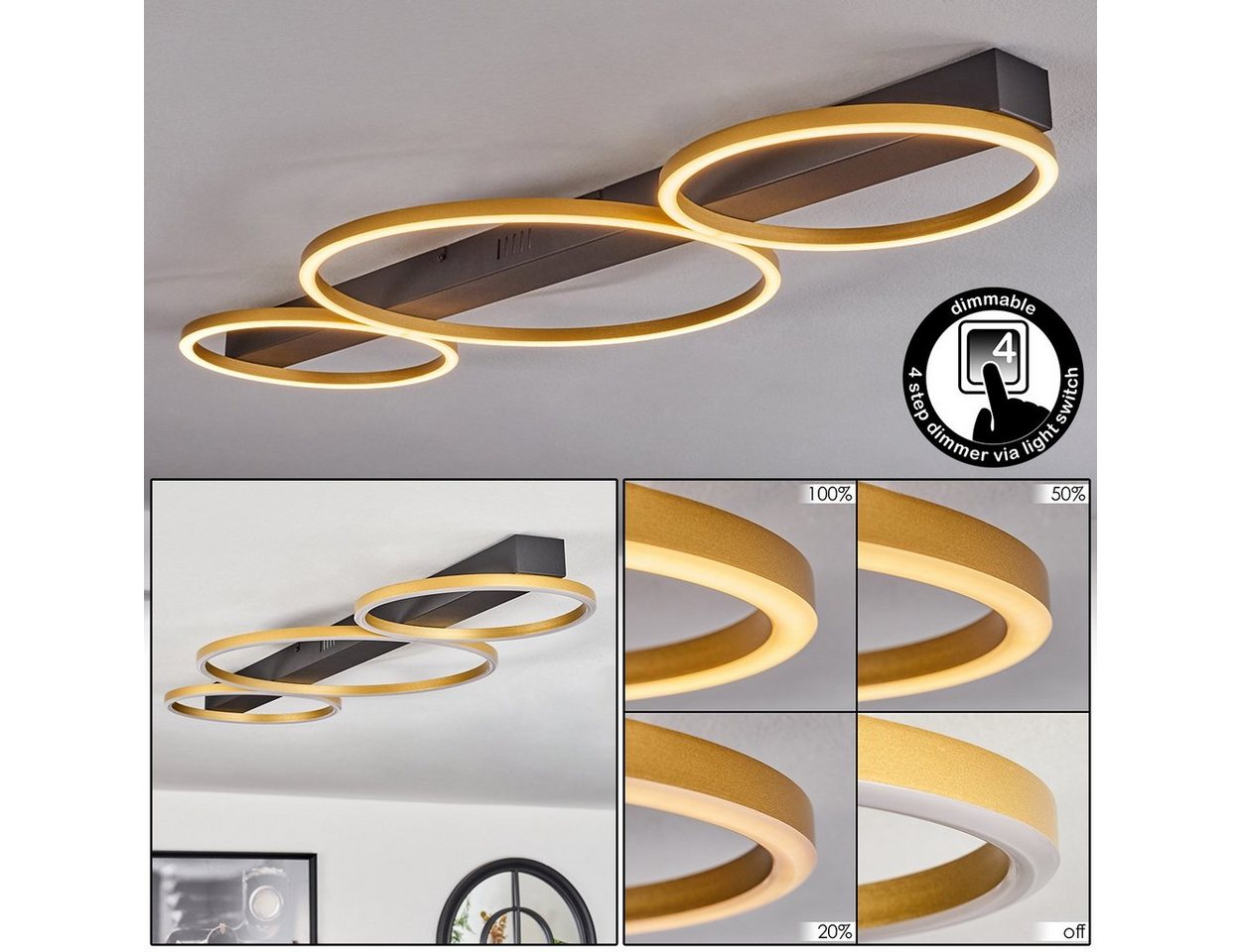 hofstein Deckenleuchte Deckenlampe aus Metall/Kunststoff in Schwarz/Goldfarben/Weiß, LED fest integriert, 3000 Kelvin, Leuchte, dimmbar über herkömmlichen Lichtschalter, 40 Watt, 1670 Lumen
