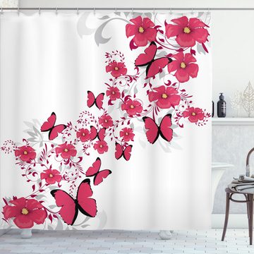Abakuhaus Duschvorhang Moderner Digitaldruck mit 12 Haken auf Stoff Wasser Resistent Breite 175 cm, Höhe 180 cm, Pink und Weiß Blume Schmetterling