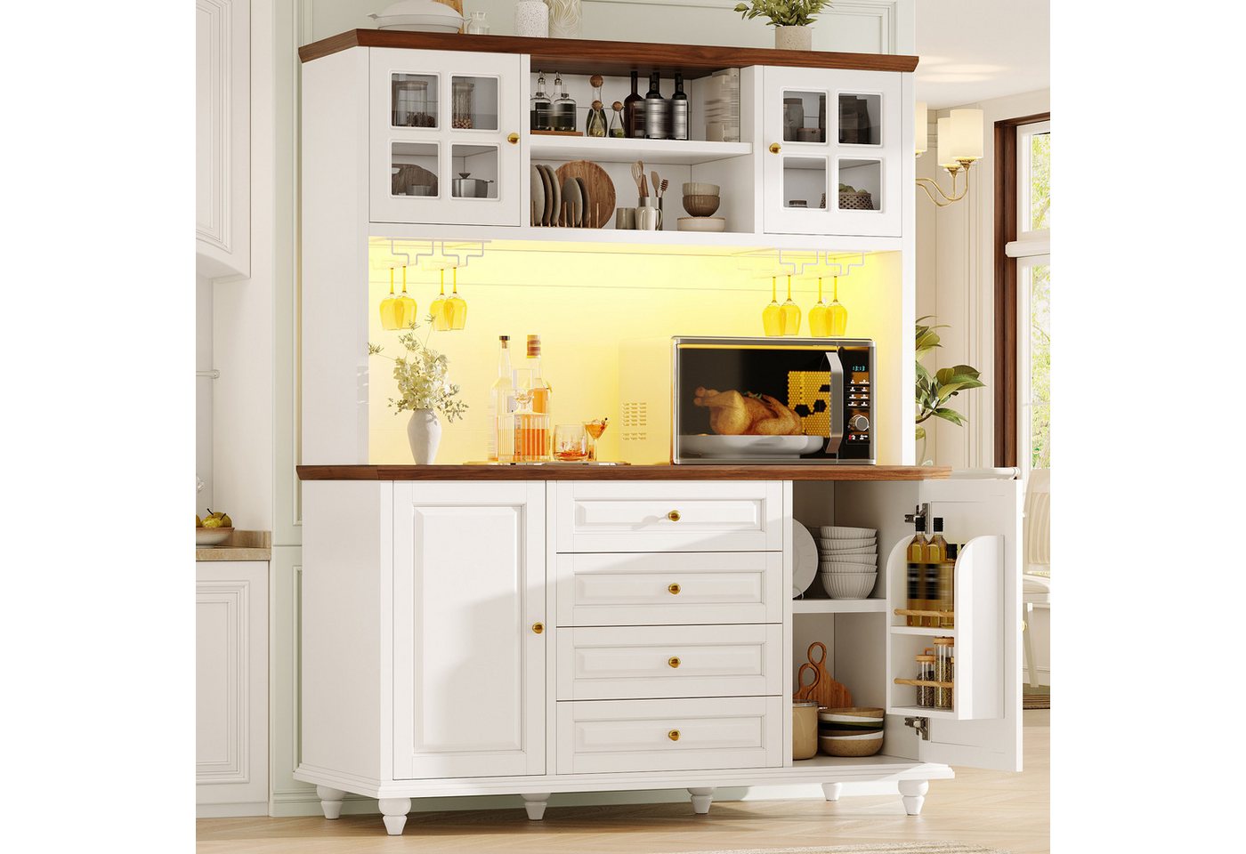 Flieks Küchenbuffet mit LED-Beleuchtung, Acryltüren, Gläserhalter, Gummibaumholz-Füße (B140xH179,5xT40 cm, 1-St., Arbeitsplatte in Walnussholzfarbe) Hochschrank Küchenschrank Highboard mit verstellbarer Ablagen Weiß