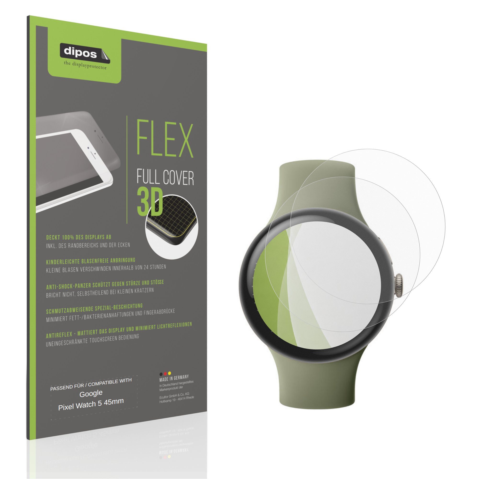 dipos Displayschutzfolie Schutzfolie für Google Pixel Watch 5 45mm, 2 Stück, Displayschutz Schutz Folie Made in Germany