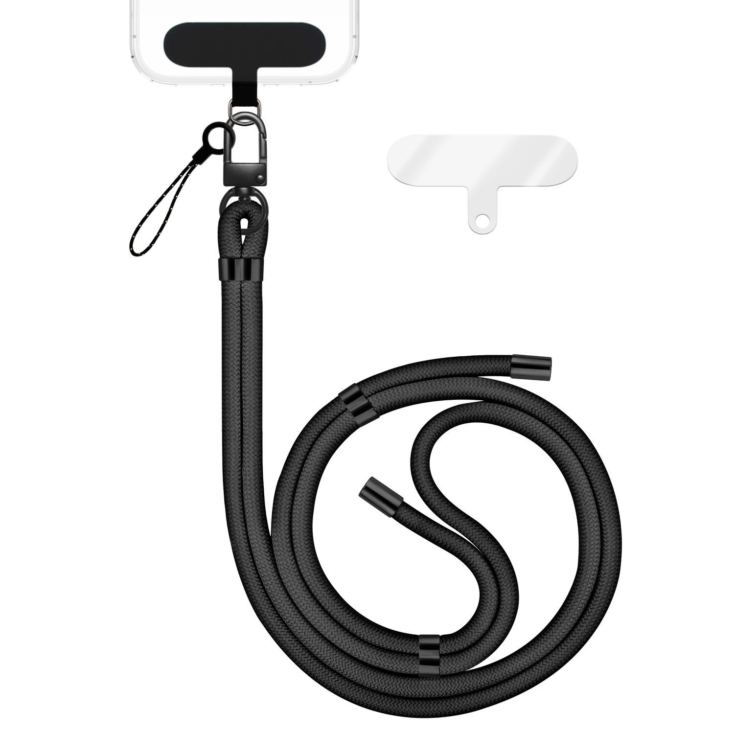 Nalia Handykette Universal Smartphone, Nylon Handyband / Karabiner Matt Schwarz & 2 Pads / 35-75cm Tragelänge