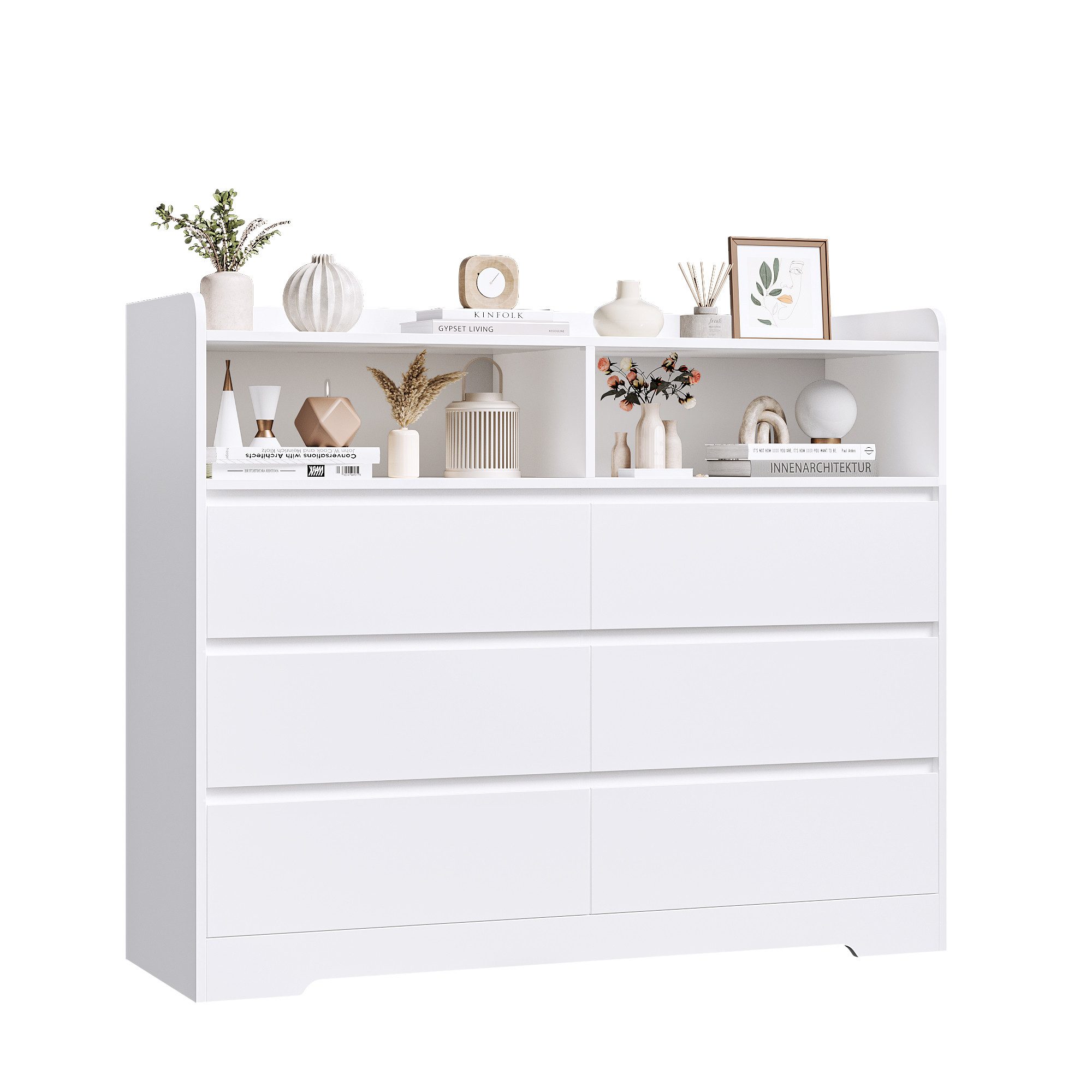 Homfa Kommode Sideboard Komodenschrank, mit 6 Schubladen und 2 offenen Fächern, Breite 120cm Höhe 100cm