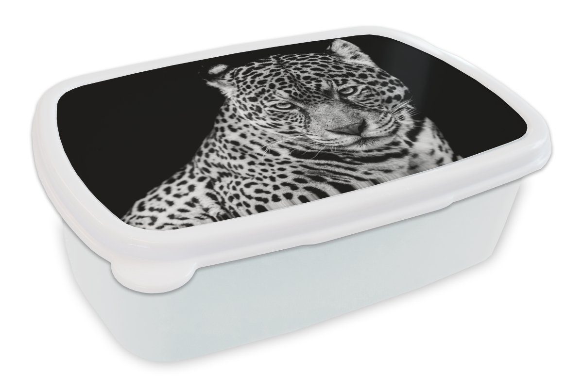 MuchoWow Lunchbox Leopard - Tiere - Schwarz - Weiß - Porträt, Kunststoff, (2-tlg), Brotbox für Kinder und Erwachsene, Brotdose, für Jungs und Mädchen | Lunchboxen