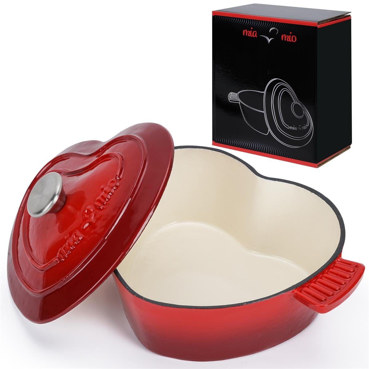 MiaMio Bratentopf Herzform, 3 l, 24 cm, Rot, Gusseisen, Herzform, 3 l, 24 cm, induktionsgeeignet