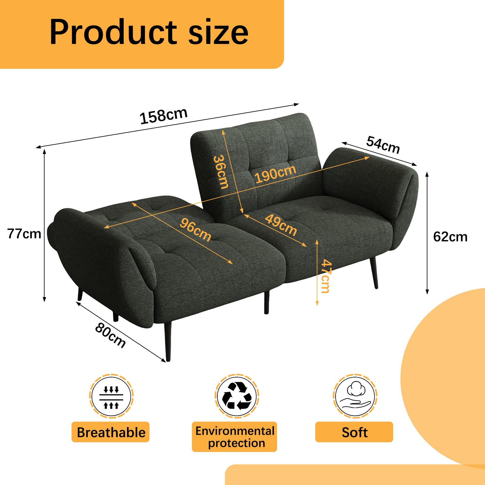 Jiexi 3-Sitzer Sofa Mit Schlaffunktion, Klappsofa Sofa 3 Sitzer, Geeignet Wohnzimmer