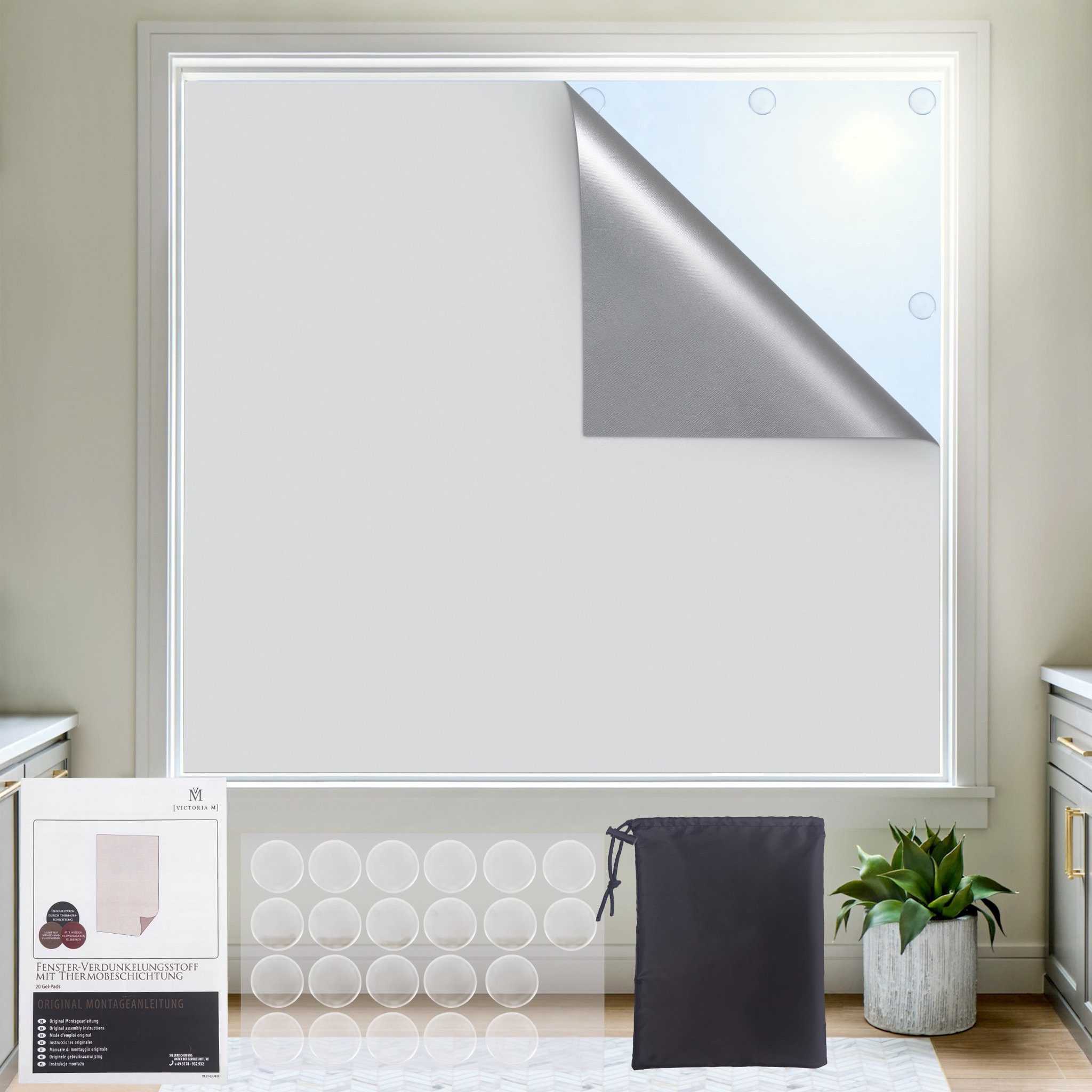 Victoria M. Fensterfolie Fenster-Verdunkelungsstoff Thermobeschichtung 140x300 cm weiß, verdunkelnd, 100 % Blackout mit Thermobeschichtung, Inkl. 22 Gel-Klebepads