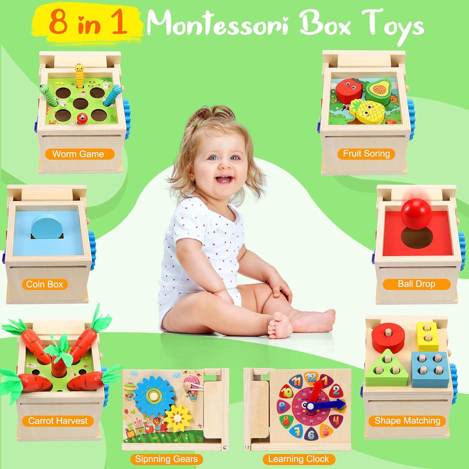 POPOLIC Lernspielzeug 8-in-1 Holzspielzeugkiste, Motorikspielzeug, Baby-Sin günstig online kaufen