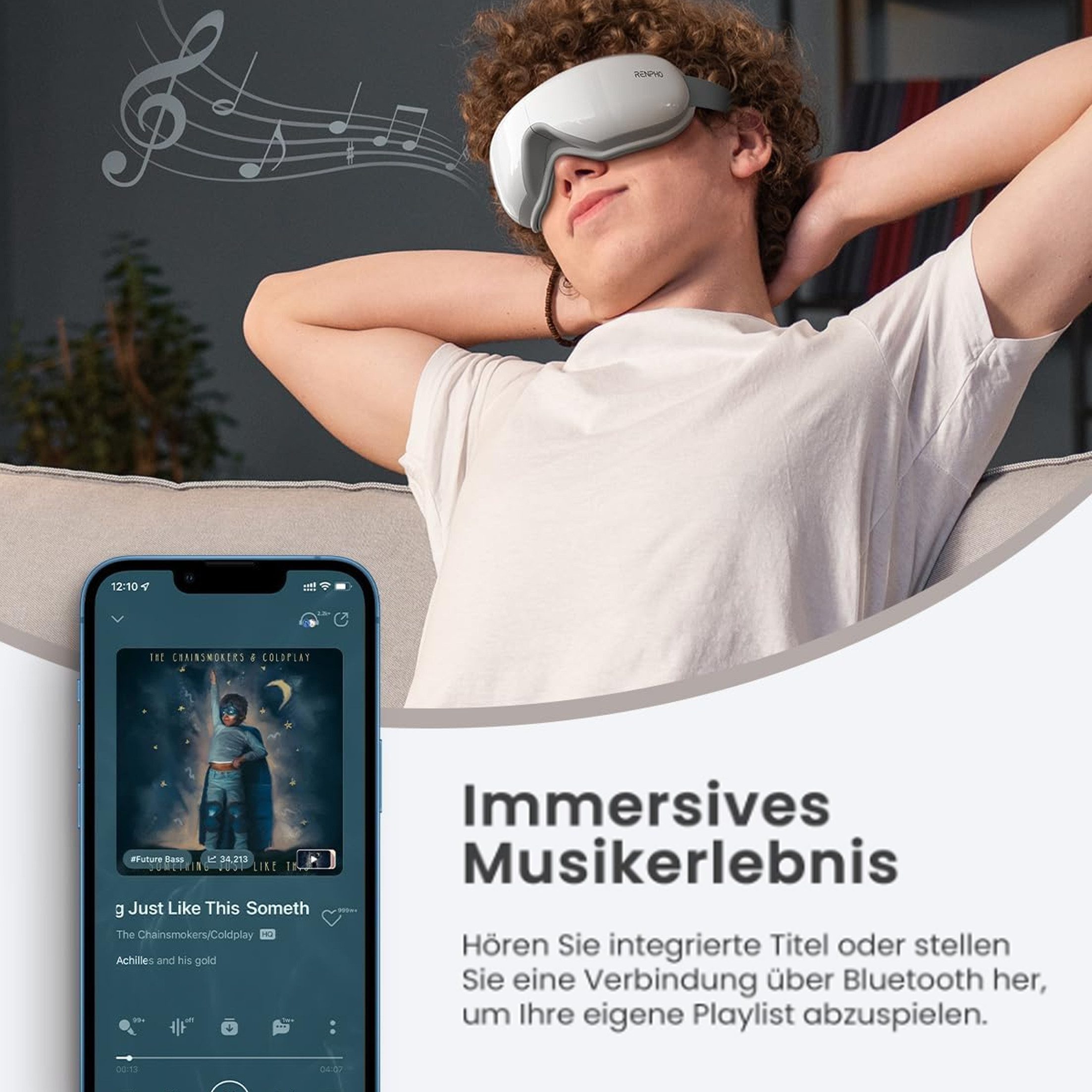 feinlux Massagegerät Augenmassagegerät mit Bluetooth-Verbindung und Musikwiedergabe, Packung, Mit feuchtem Tuch abwischbar, Bluetooth-Verbindung unterstützt