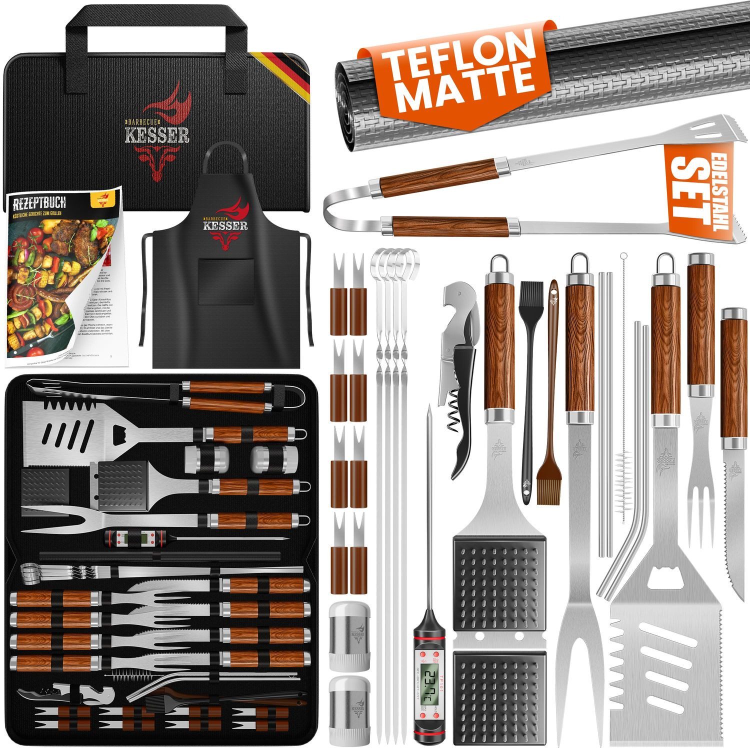 KESSER Столовые приборы для барбекю-Set, (Grillzubehör Set mit Grillzange, Grillwender, 4in1 Grillspatel, Grillgabel, Grill-Spieß, Thermometer, Korkenzieher, Grillmatte & Tasche, 37 tlg), BBQ Profi Grillset aus rostfreiem Edelstahl