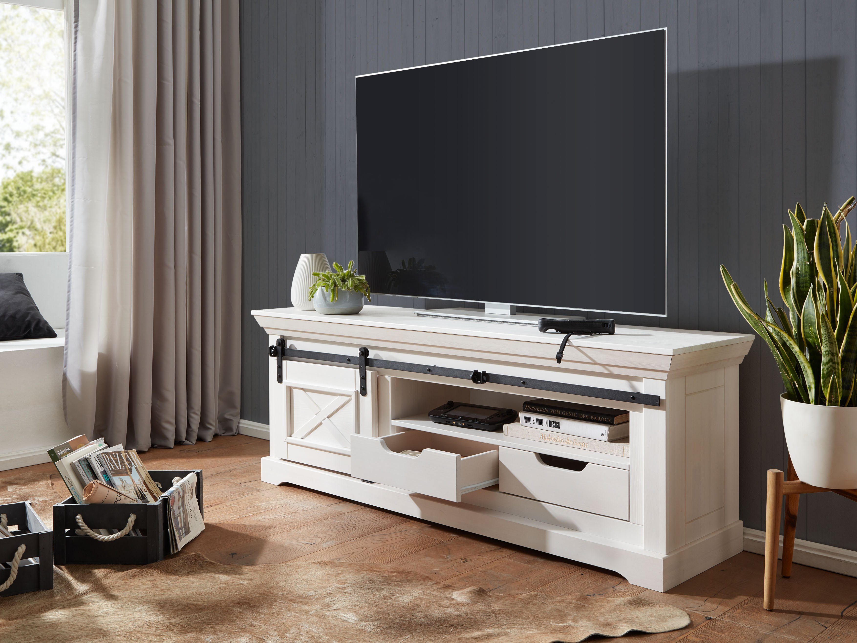 Woodroom TV-Schrank Maribo Kiefer massiv weiß 153x57x40 cm