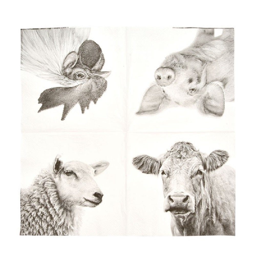 Linoows Papierserviette 20 Servietten Bauernhof Tiere, heimische Nutztiere, Motiv  Bauernhof Tiere, heimosche Nutztiere