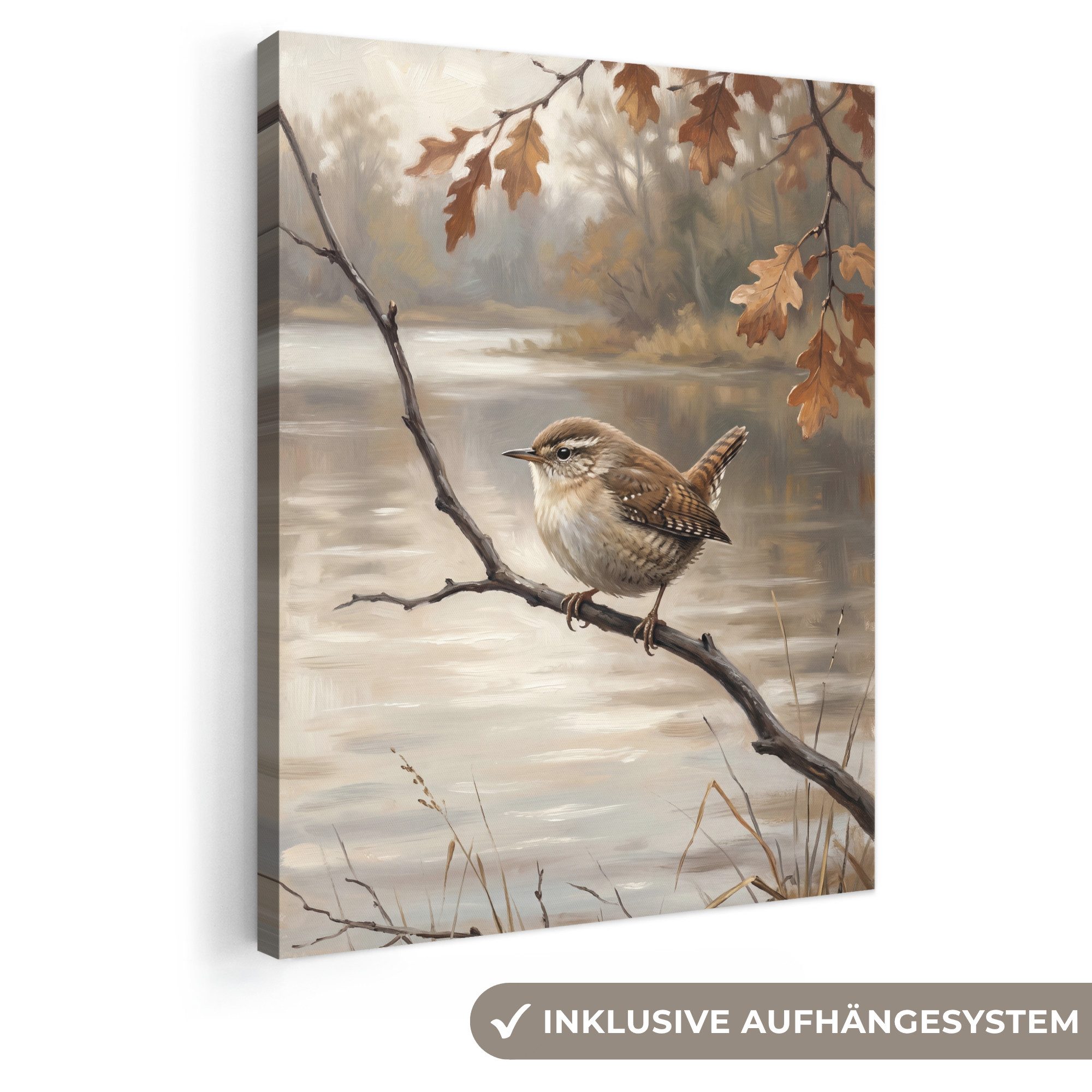 OneMillionCanvasses® Leinwandbild Zaunkönig - Zweig - Fluss - Natur - Atmosphärisch, Fotodruck (1 St), Leinwand Bilder für Wohnzimmer Schlafzimmer 30x40 cm