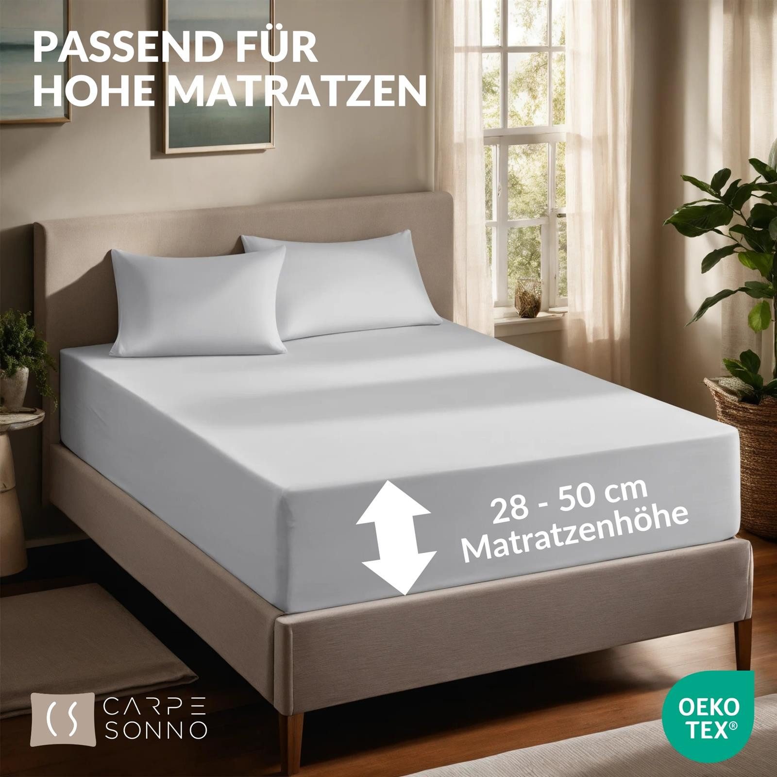 Carpe Sonno Spannbettlaken Boxspringbett Baumwolle 90x200 100x200 140x200 160x200 180x200 200x200, Jersey, Gummizug: rundum, (1 Stück), Mako Jersey Spannbetttuch kochfest Wasserbett Matratze bis 50 cm