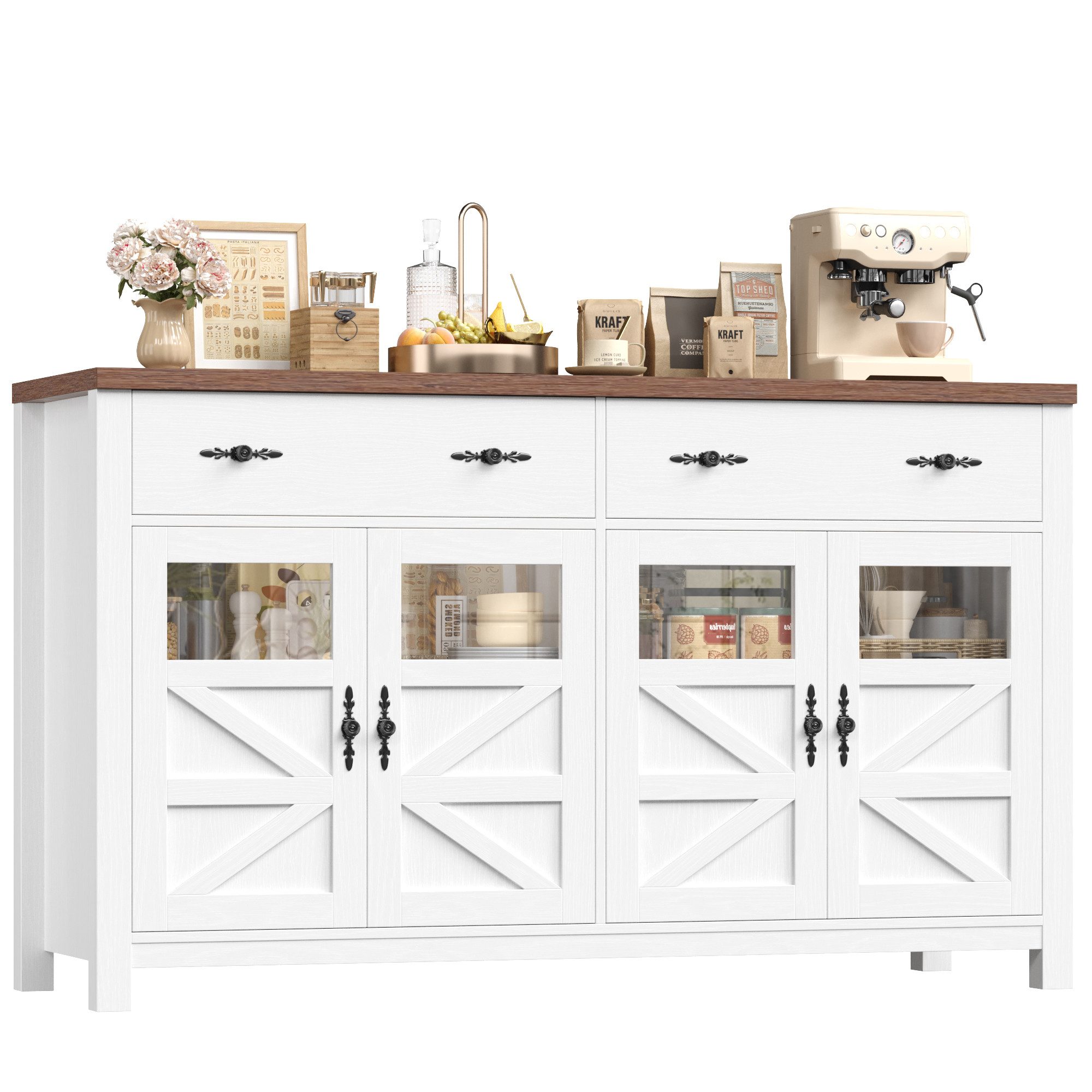 Homfa Sideboard Küchenschrank Buffetschrank Küchenbuffet, mit 2 Schubladen 4 Glastüren für Wohnzimmer Küche 140x40x90 cm weiß