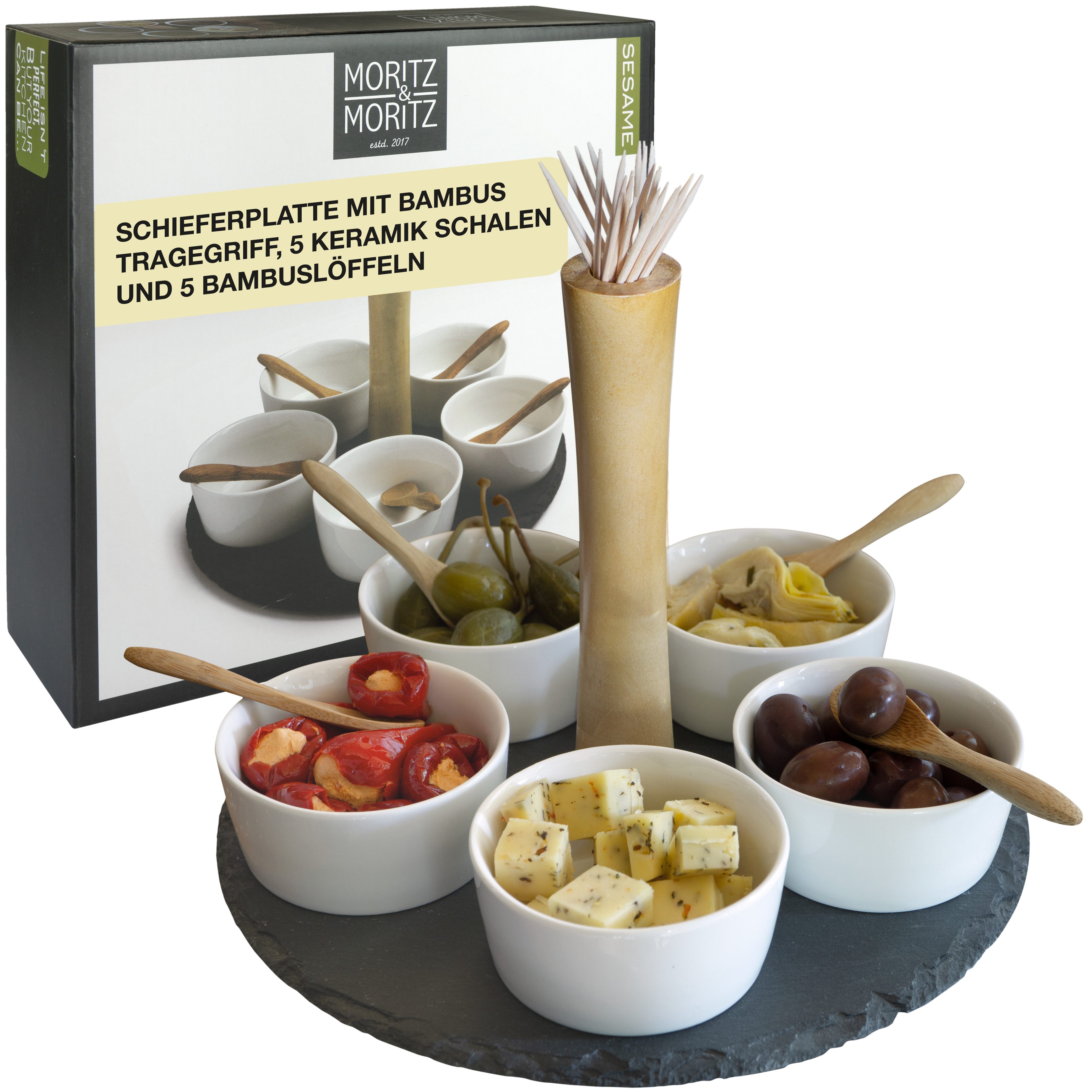 Moritz & Moritz Servierplatte Weiße Dipschalen Set mit Schieferplatte - Sesame, Keramik, (Set, 11-tlg., 11- teiliges Set), Hochwertiges Keramik