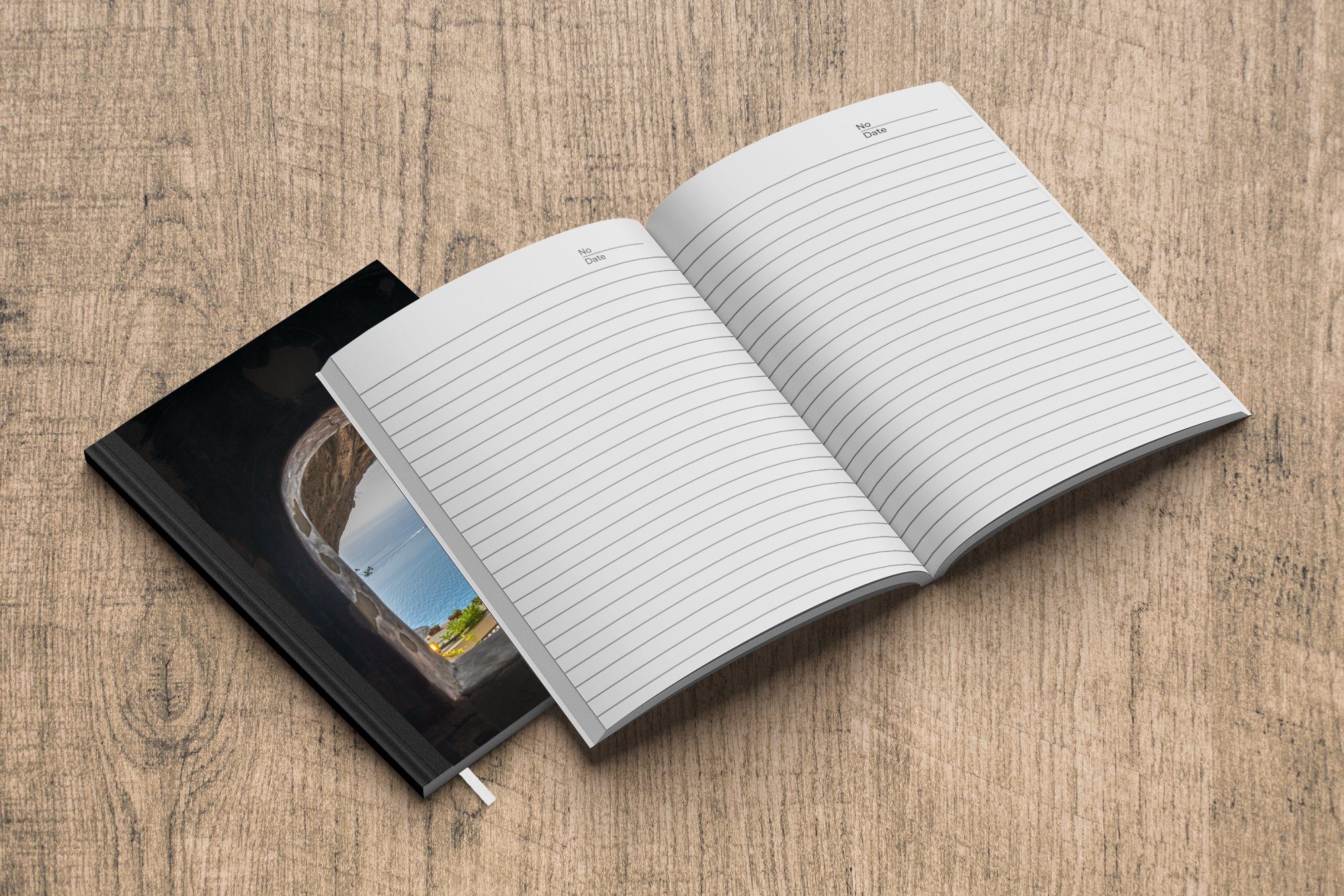 MuchoWow Notizbuch Blick auf das Merkzettel, A5, 98 Steinfenster, Seiten, durch Journal, Tagebuch, Notizheft, ein Meer Haushaltsbuch