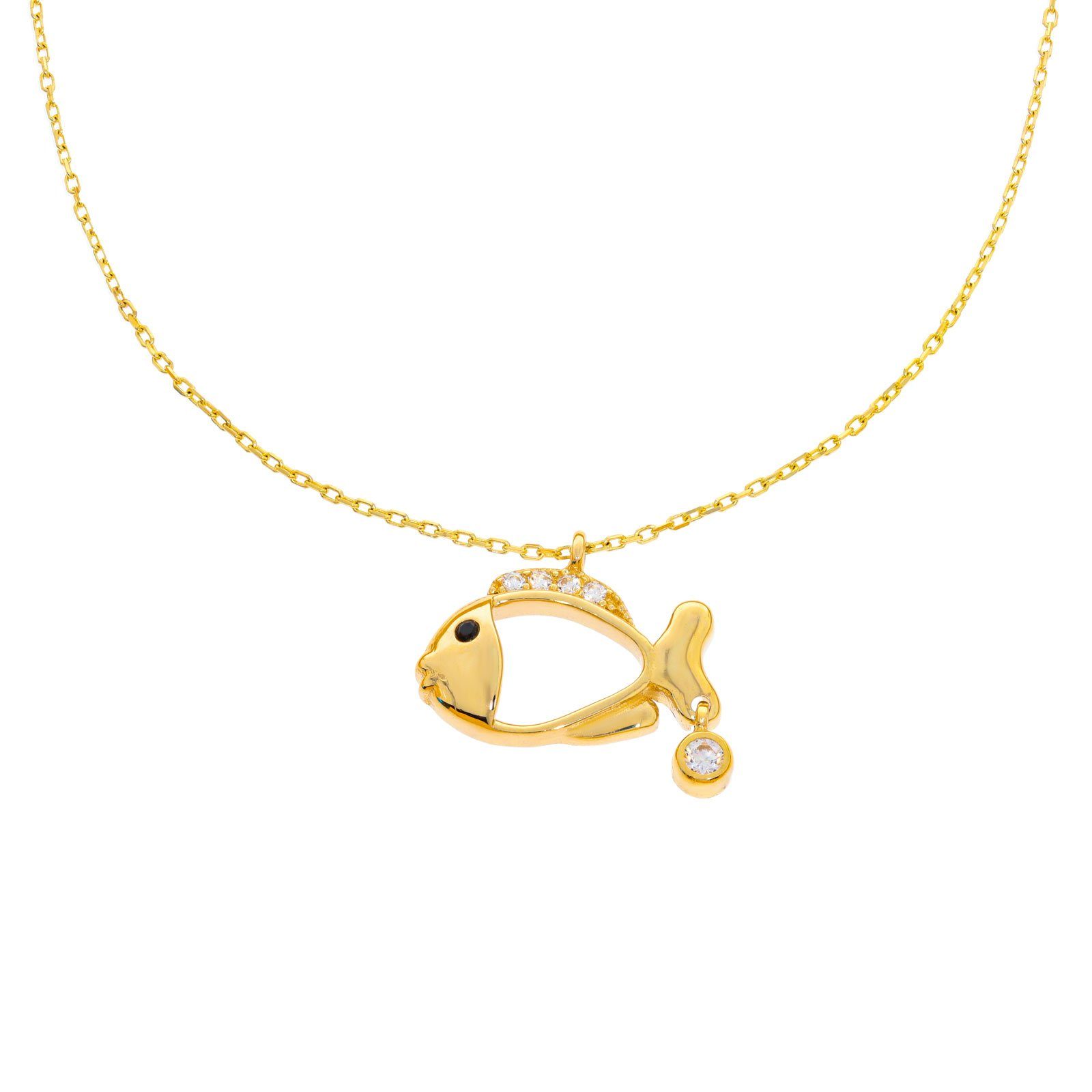 Stella-Jewellery Collier 585er Gold Kette mit Fisch Anhänger (inkl. Etui),  Collierkette mit Zirkonia motiv Tier