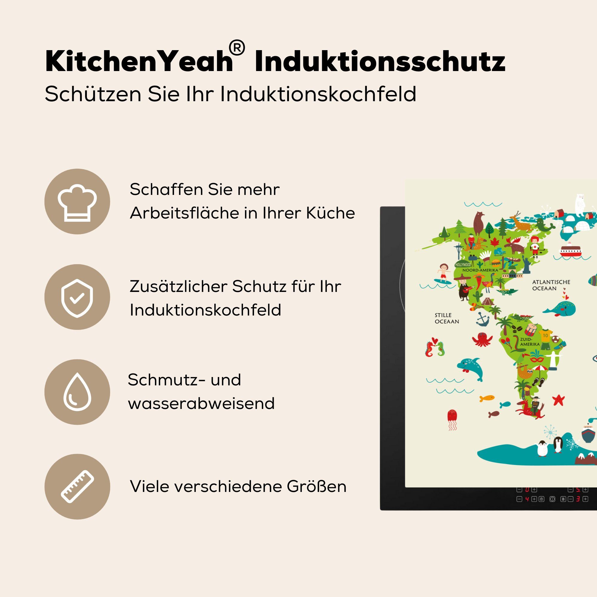 küche, 81x52 Ceranfeldabdeckung Schutz Kinder Induktionskochfeld - - cm, Weltkarte Grün tlg), (1 Tiere, MuchoWow für Herdblende-/Abdeckplatte Vinyl, die