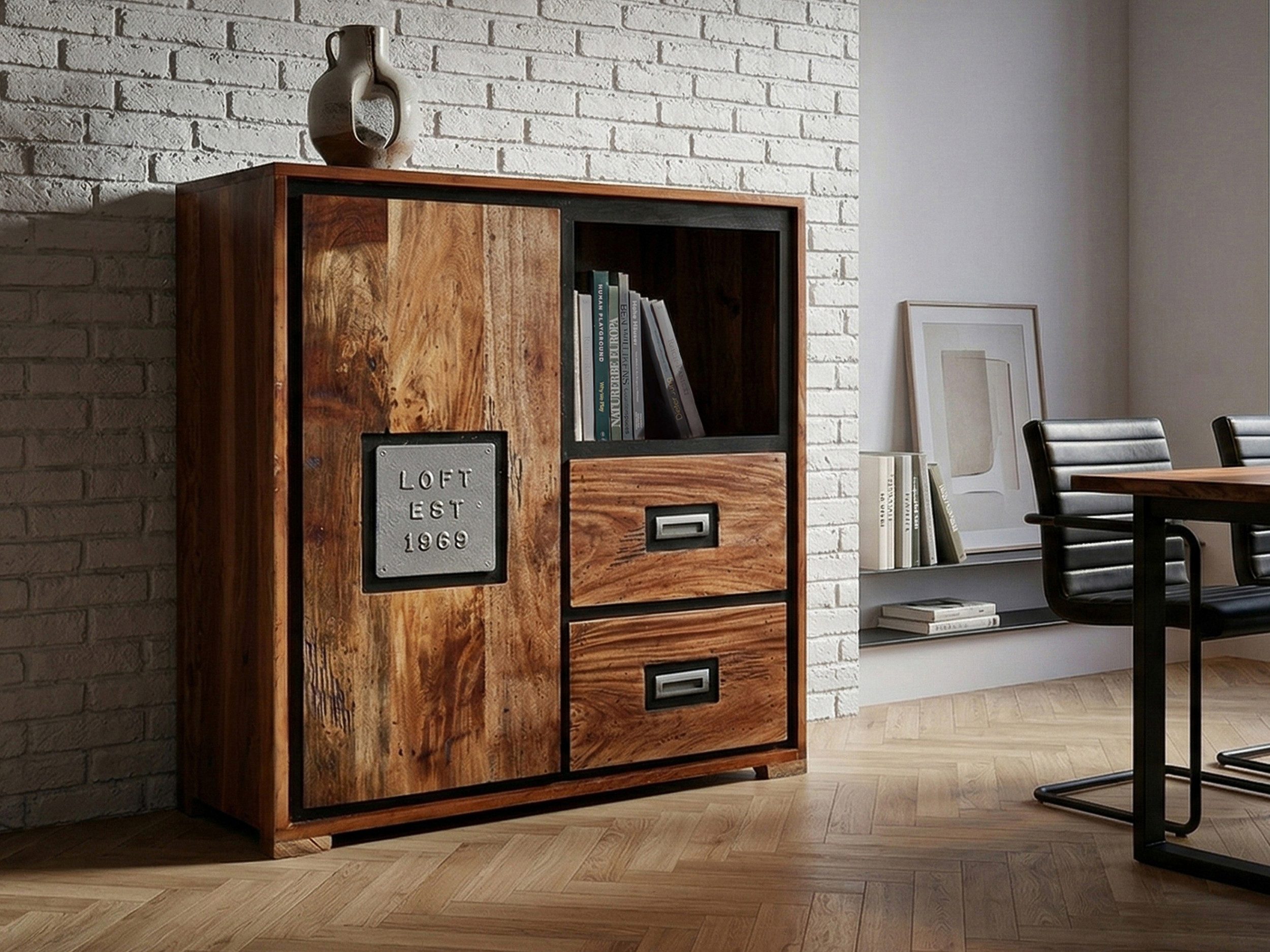 Massivart® Highboard 75 cm Breite Massivholz Akazie Altholz »NARVIK«, montiert · 2 Schubladen · 1 offenes Ablagefach · viel Stauraum