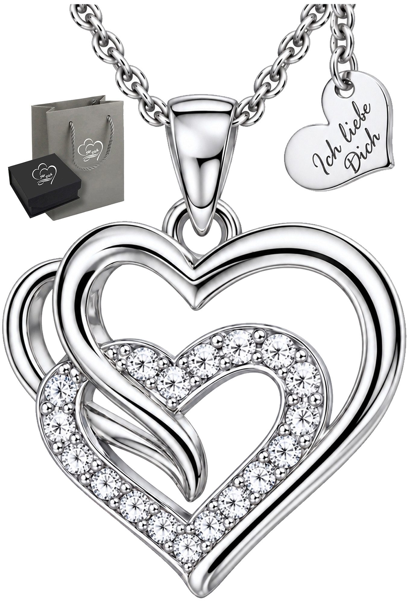 Limana Herzkette Damen Herz Schmuck 925 Silber gold – Kette mit Ich liebe Dich Gravur (Geschenkset, Halskette und Anhänger inkl. Dose und Tasche), Geschenk Set für Freundin Frau Mama Ehefrau
