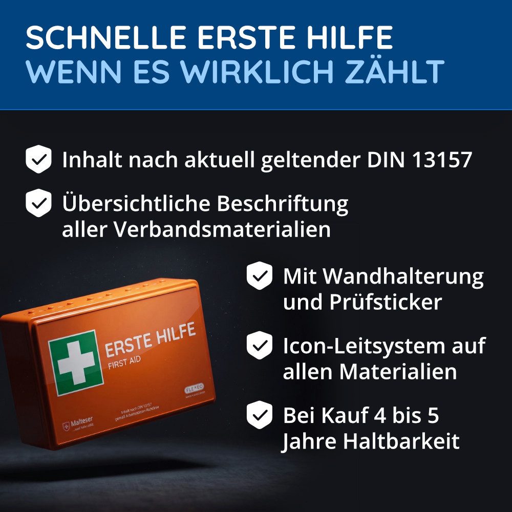 FLEXEO Erste-Hilfe-Koffer DIN 13157, (1 St), Betriebsverbandkasten inkl. Wandhalterung, orange