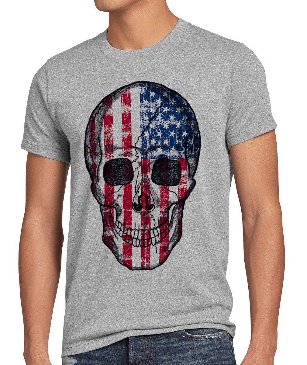 style3 Print-Shirt Herren T-Shirt USA Skull Totenkopf stars stripes flagge amerika knochen rocker grau meliert