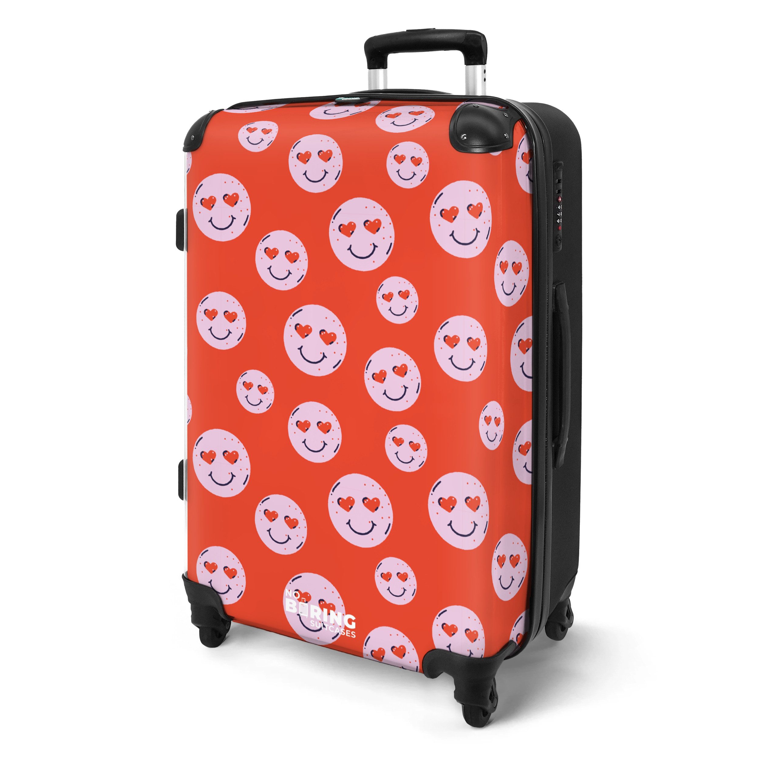 NoBoringSuitcases.com© Hartschalen-Trolley Rot mit rosa Smileys günstig online kaufen