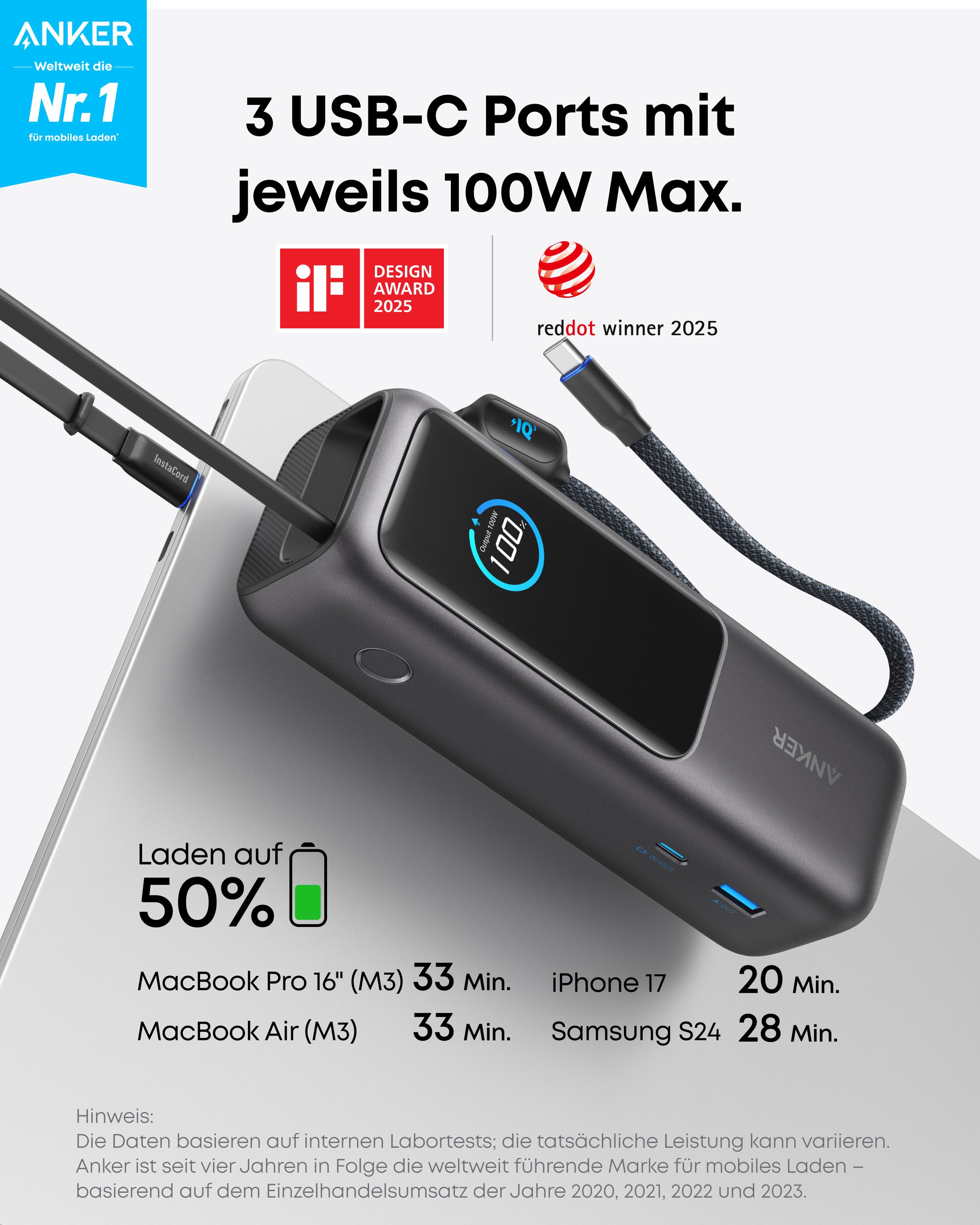 Anker Anker 165W 25000 mAh Laptop Powerbank Ladegerät mit 70cm ausziehbarem Kabel & Trageband, 3 USB-C Ports für Laden mehrerer Geräte 25000 mAh (5 V), Für MacBook Pro, iPhone 17/16/15, Samsung und mehr (flugzeugtauglich)