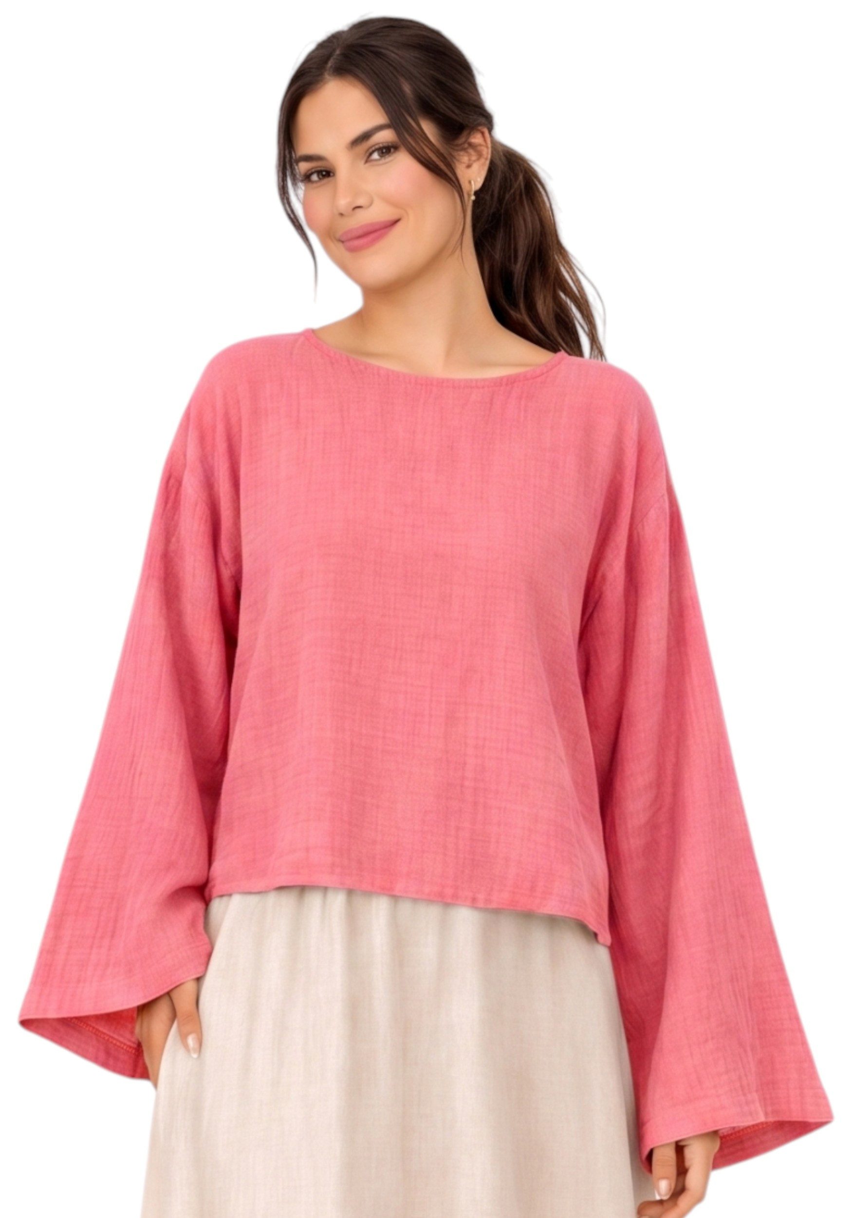 WENOR Schlupfbluse Damen Musselin Einheitsgröße – Oversize Sommerbluse 36-40 weite Fledermausärmel, luftig & locker – Baumwoll-Layering Sommerbluse