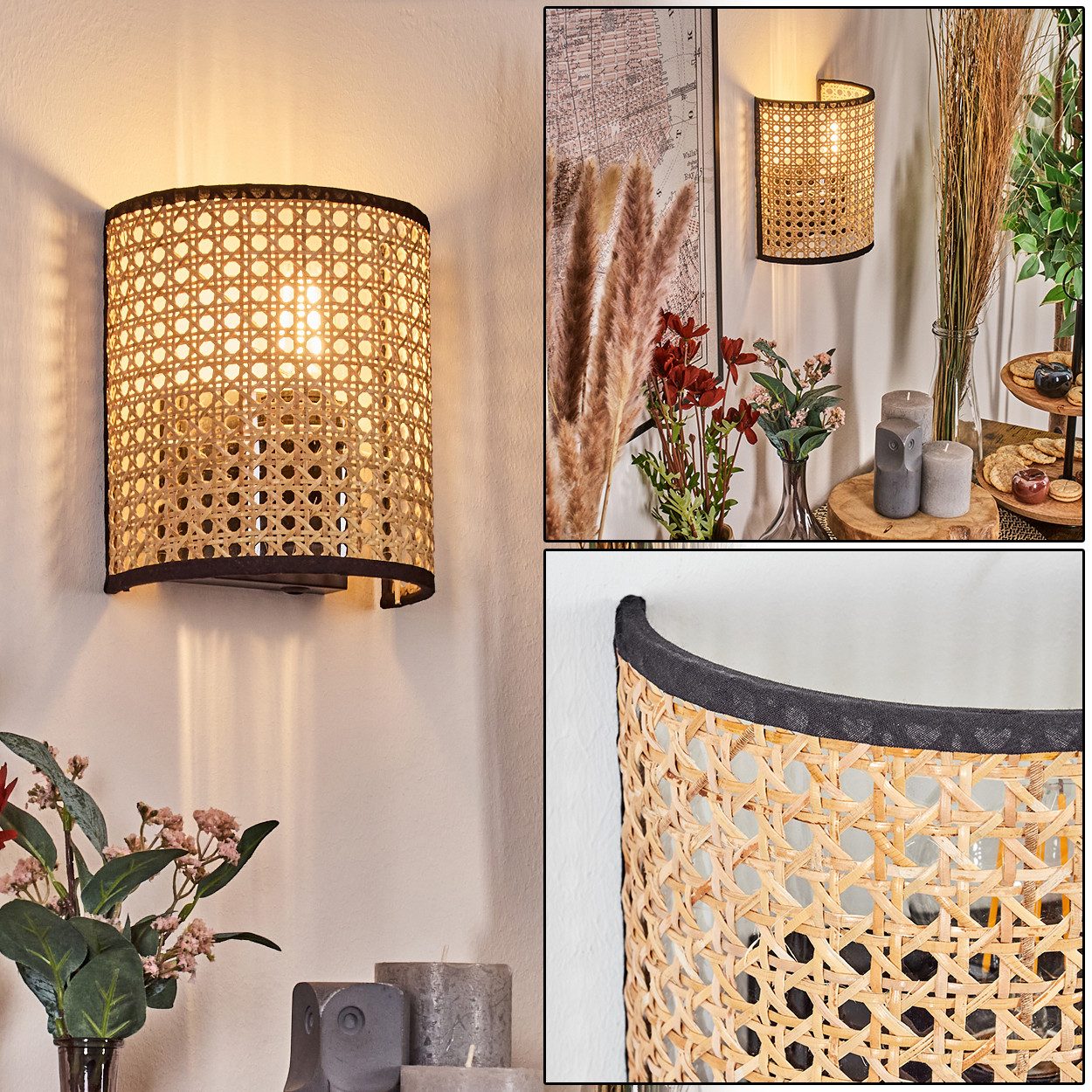 hofstein Wandleuchte Wandlampe aus Metall/Rattan/Wienergeflecht/Stoff in günstig online kaufen