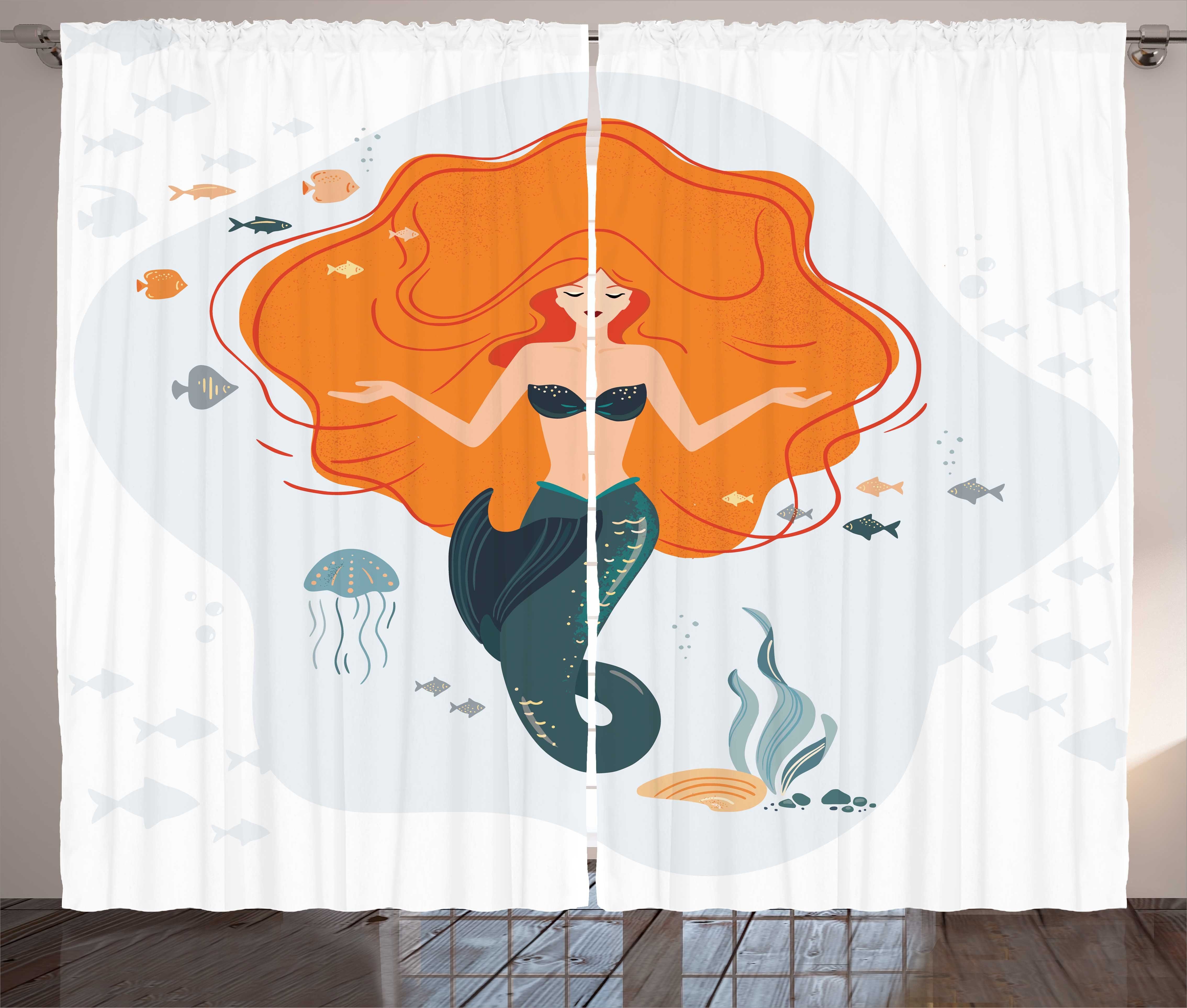 Gardine Schlafzimmer Kräuselband Vorhang mit Schlaufen und Haken, Abakuhaus, Meerjungfrau Cartoon Unterwasser-Frau