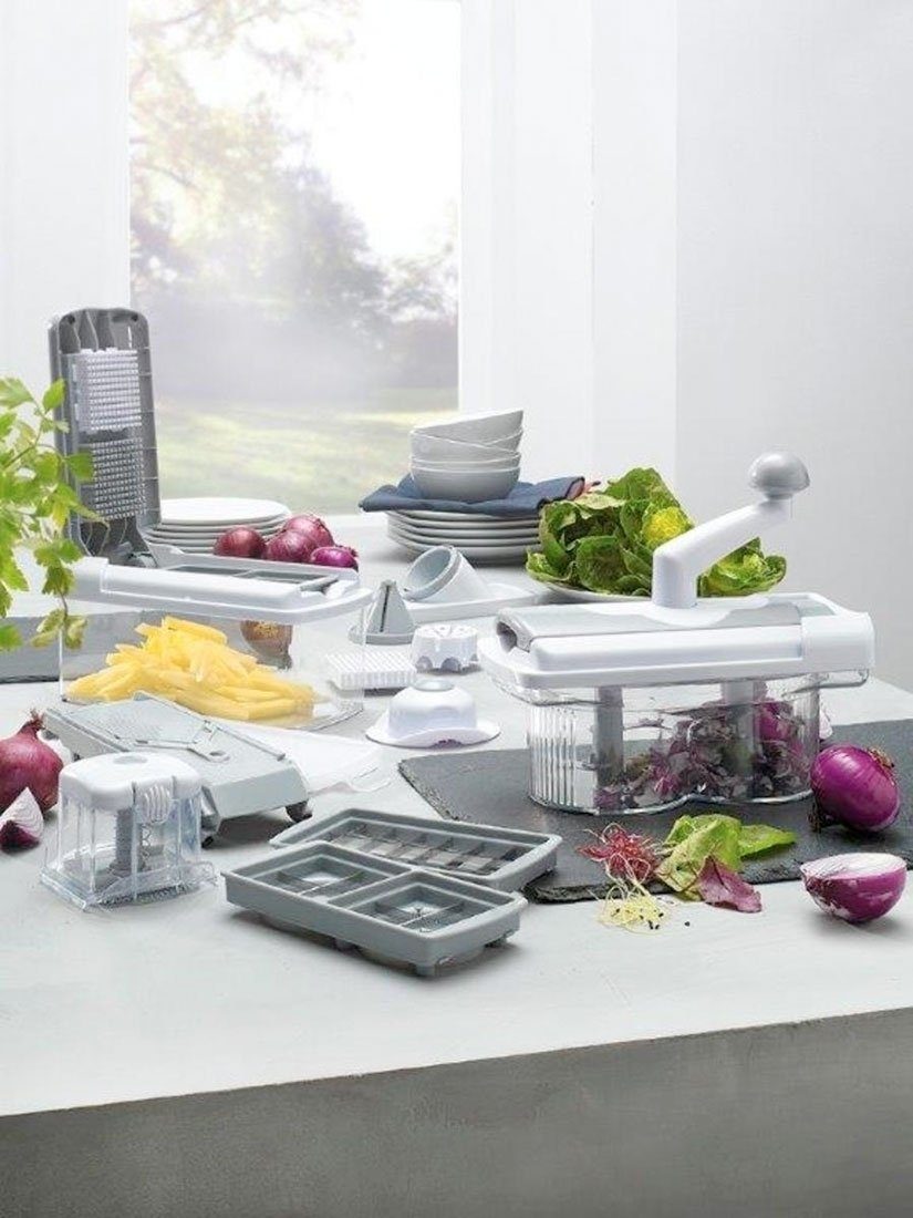 Genius Gemüseschneider Multischneider-Set 14-tlg. NICER DICER CHEF, Weiß, Grau, Kunststoff, Edelstahlklingen