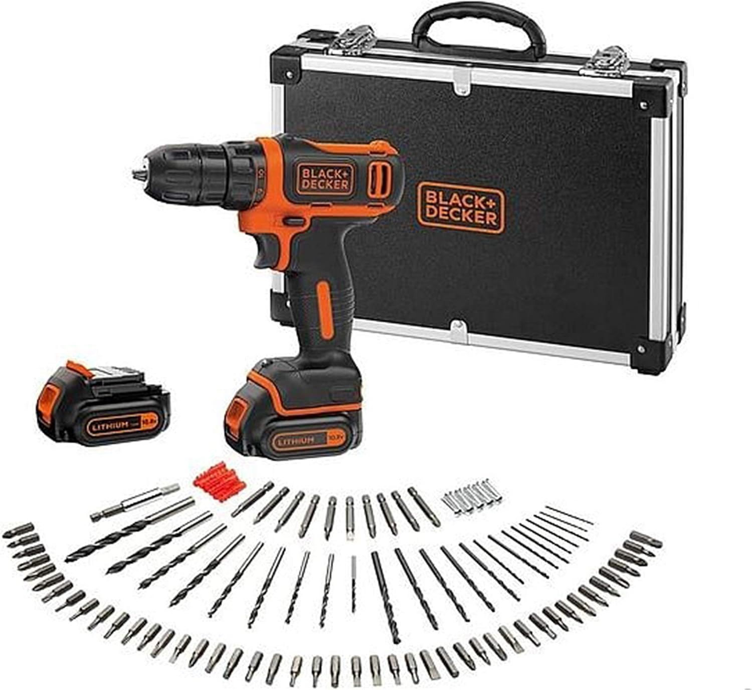 Black + Decker Akku-Bohrschrauber Akku-Bohrschrauber (10.8V 1,5Ah, 2x Akkus, 100tlg. Zubehör), (1-tlg)
