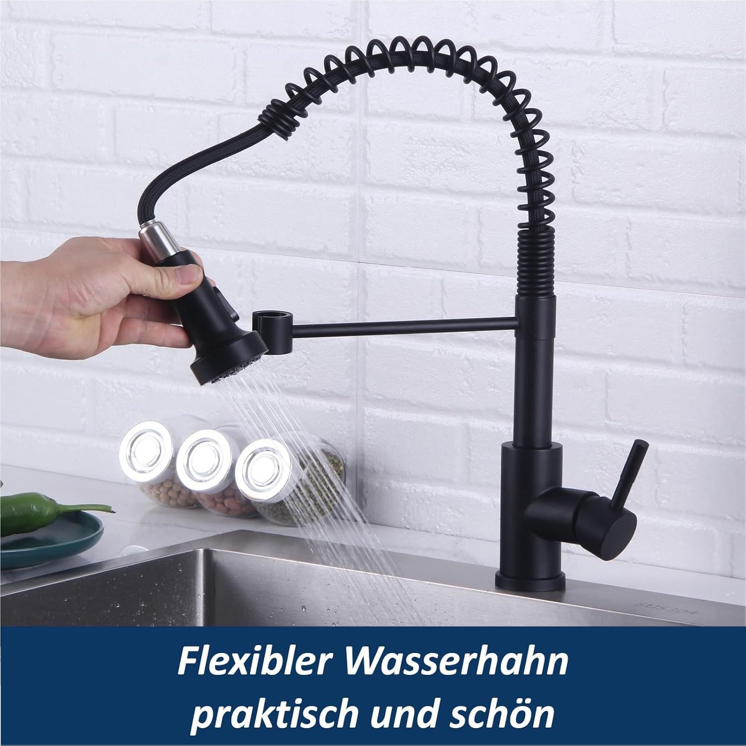 Athlix Küchenarmatur Wasserhahn Küche Schwarz, Hochdruck Küchenarmatur mit Brause Standard G3/8 Anschluss, 360° schwenkbar, Edelstahl – Bild 2 von 5
