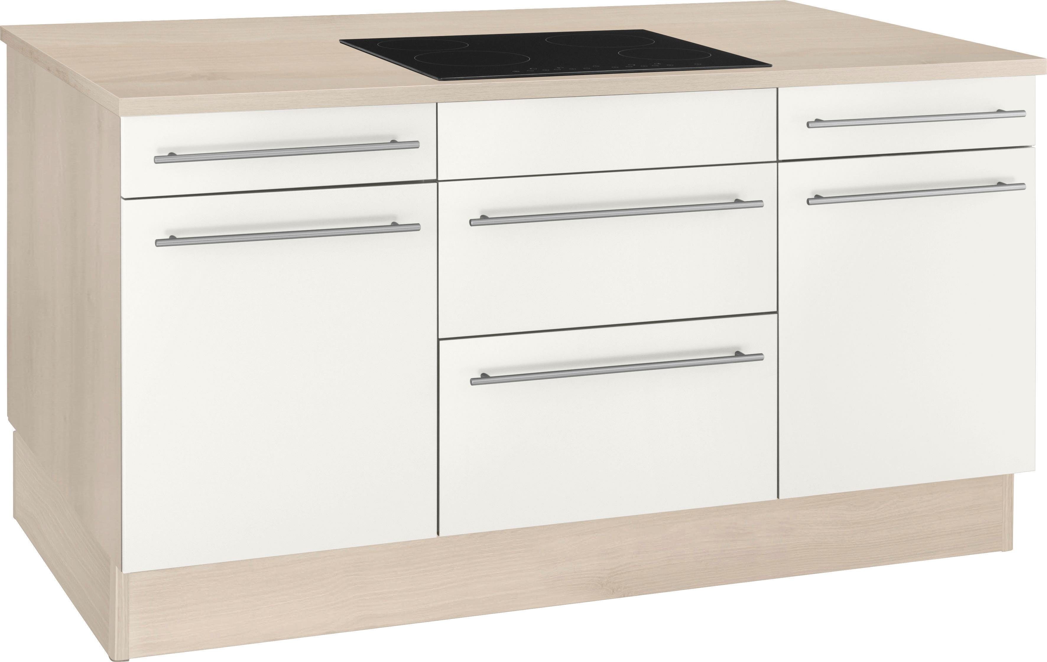 OPTIFIT Kücheninsel Bern, Stellbreite 160x95 cm mit höhenverstellbaren Füßen, mit Metallgriffen weiß Hochglanz/akaziefarben