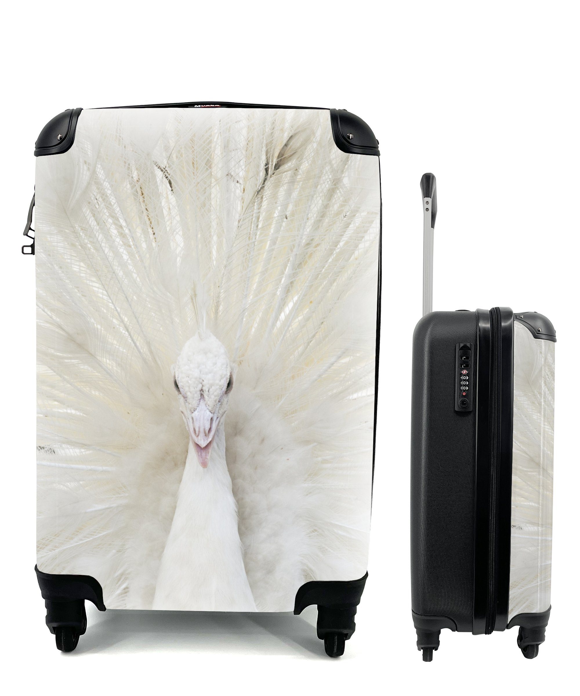 MuchoWow Handgepäckkoffer Pfau - Federn - Weiß, 4 Rollen, Reisetasche mit rollen, Handgepäck für Ferien, Trolley, Reisekoffer